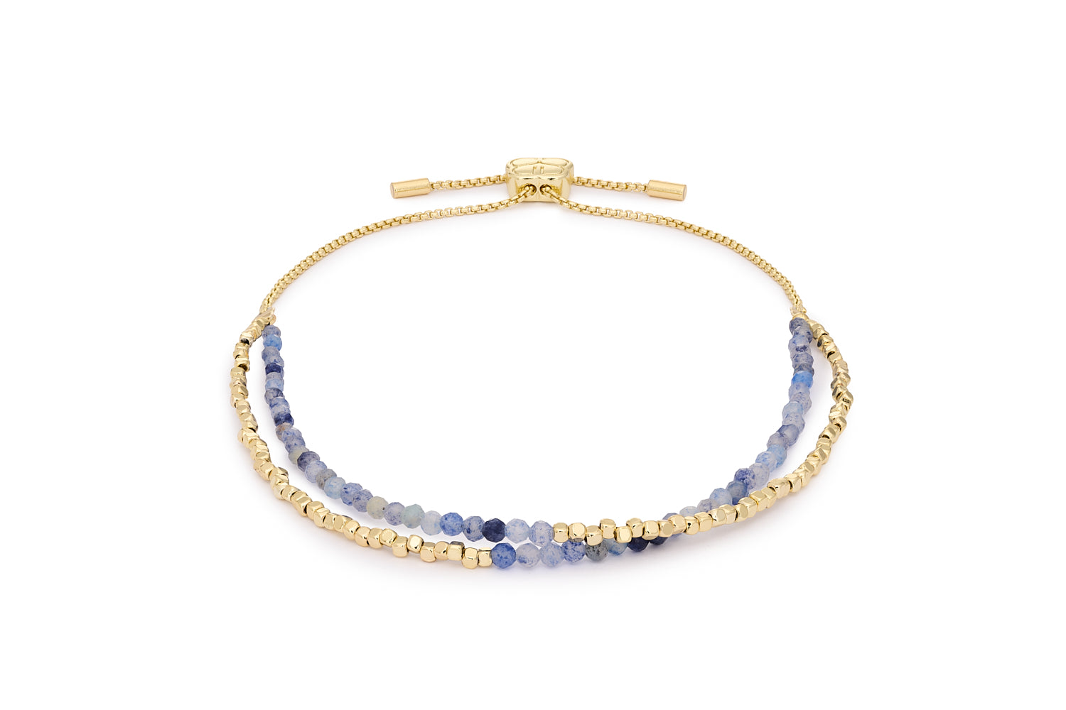 Juniper Blue Aventurine & Gold Multi-Strand Bracelet featuring twin strands of faceted blue aventurine gemstones with 12k gold-plated brass accents and adjustable slider fit up to 26cm.