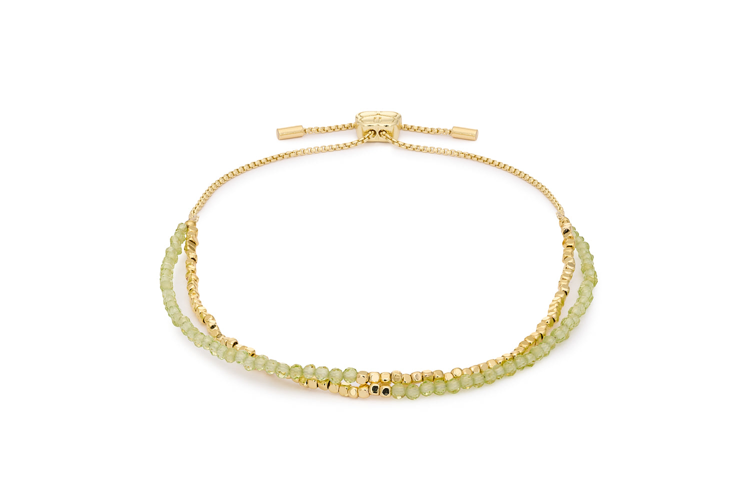 Juniper Peridot & Gold Multi-Strand Bracelet featuring twin strands of faceted peridot gemstones with 12k gold-plated brass accents and adjustable slider fit up to 26cm.