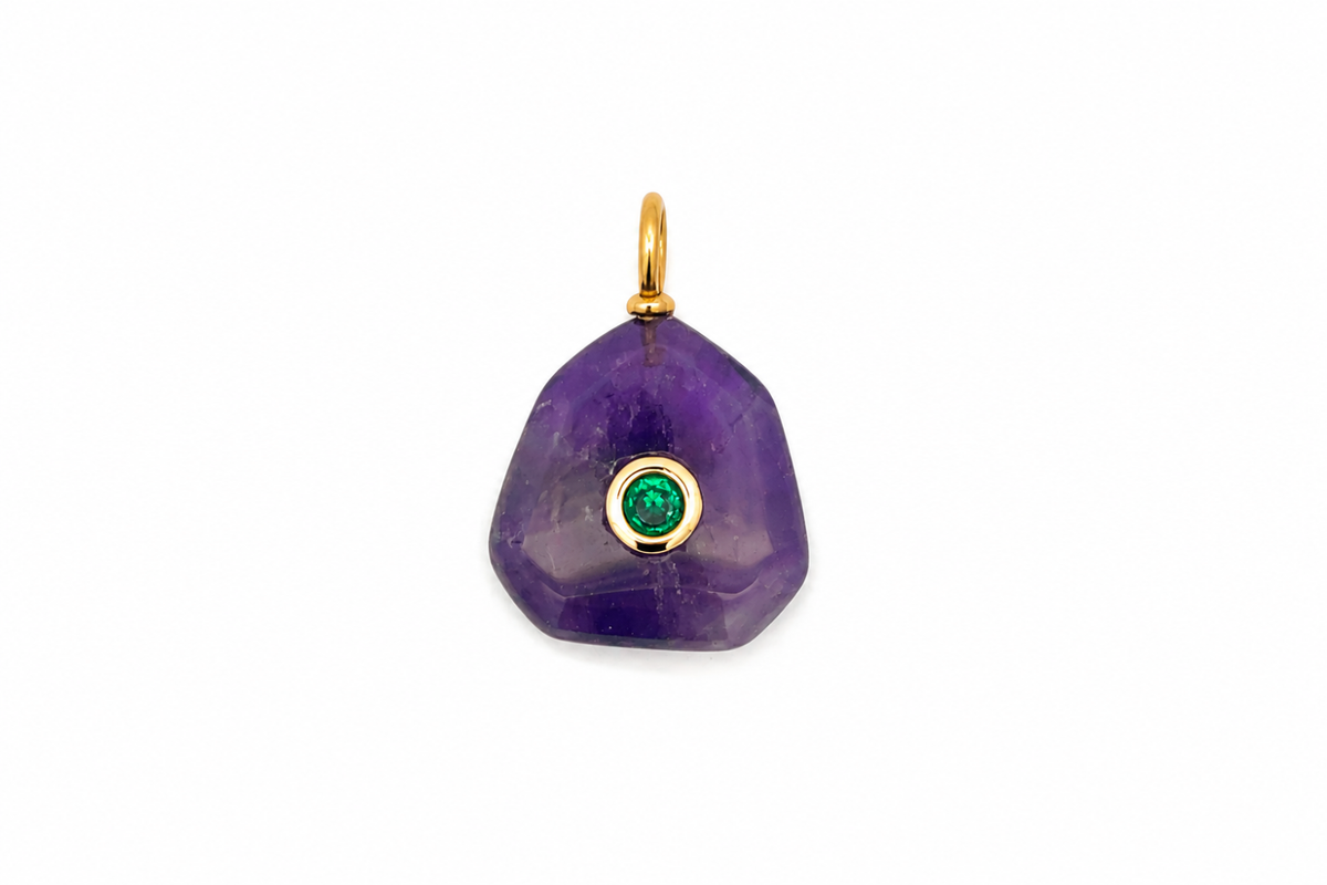 Kalis Amethyst Gold Charm by Boho Betty – waterproof purple amethyst gemstone charm pendant with a green crystal centre in gold, an interchangeable collectable charm for a charm necklace