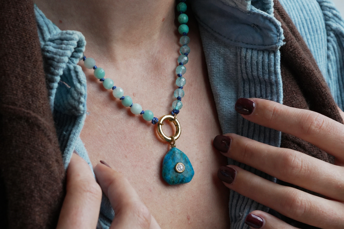 Kalis Apatite Gold Charm by Boho Betty – waterproof blue apatite gemstone charm pendant with a clear crystal centre, worn on a turquoise beaded charm necklace