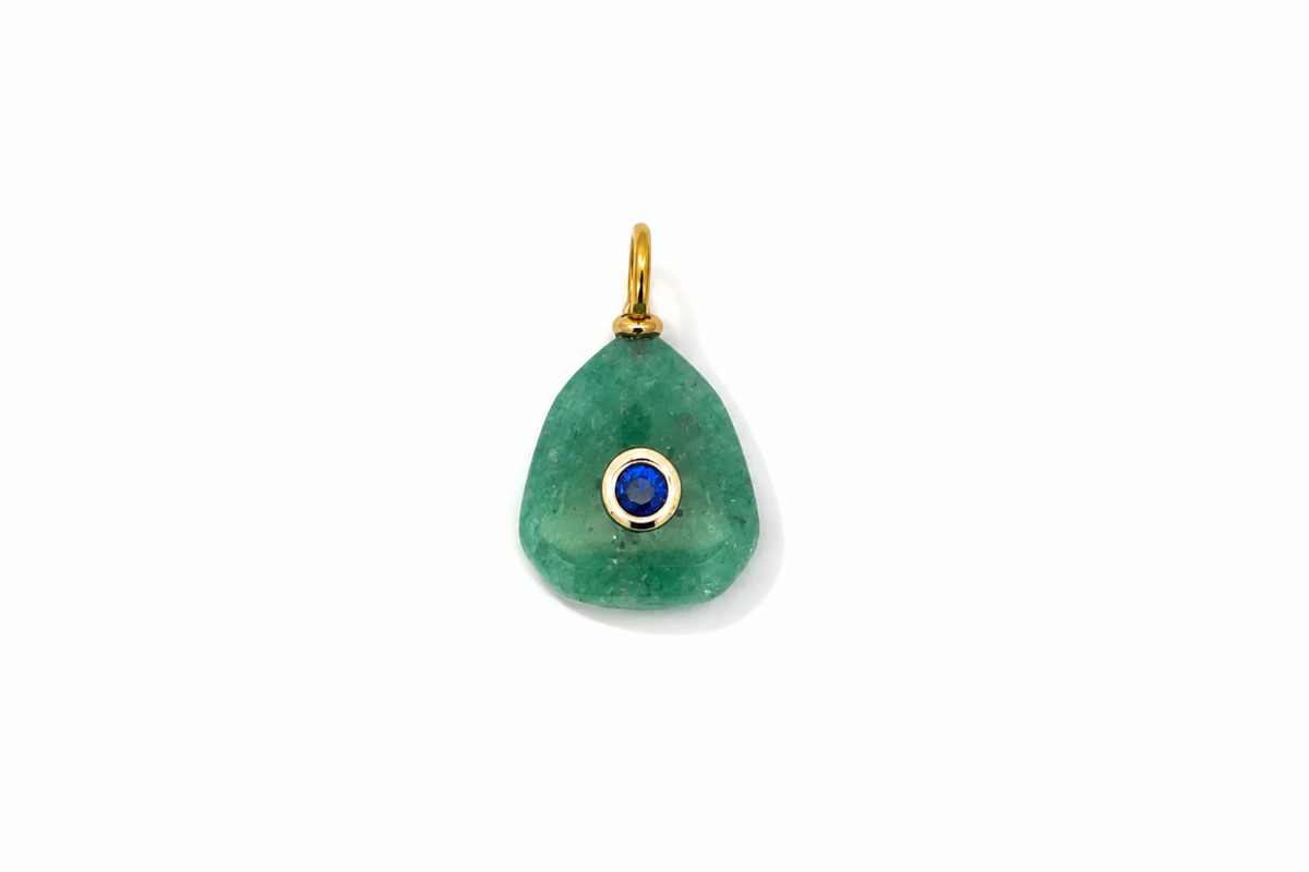 Kalis Green Strawberry Quartz Gold Charm by Boho Betty – waterproof green gemstone charm pendant with a blue crystal centre in gold, an interchangeable collectable charm for a charm necklace