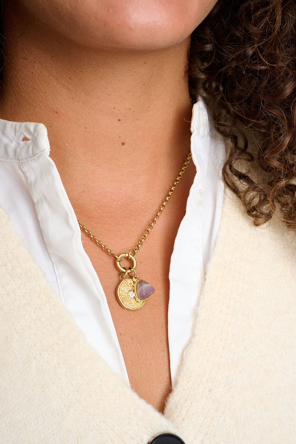 Kallisto amethyst gold pendant styled on personalised charm necklace
