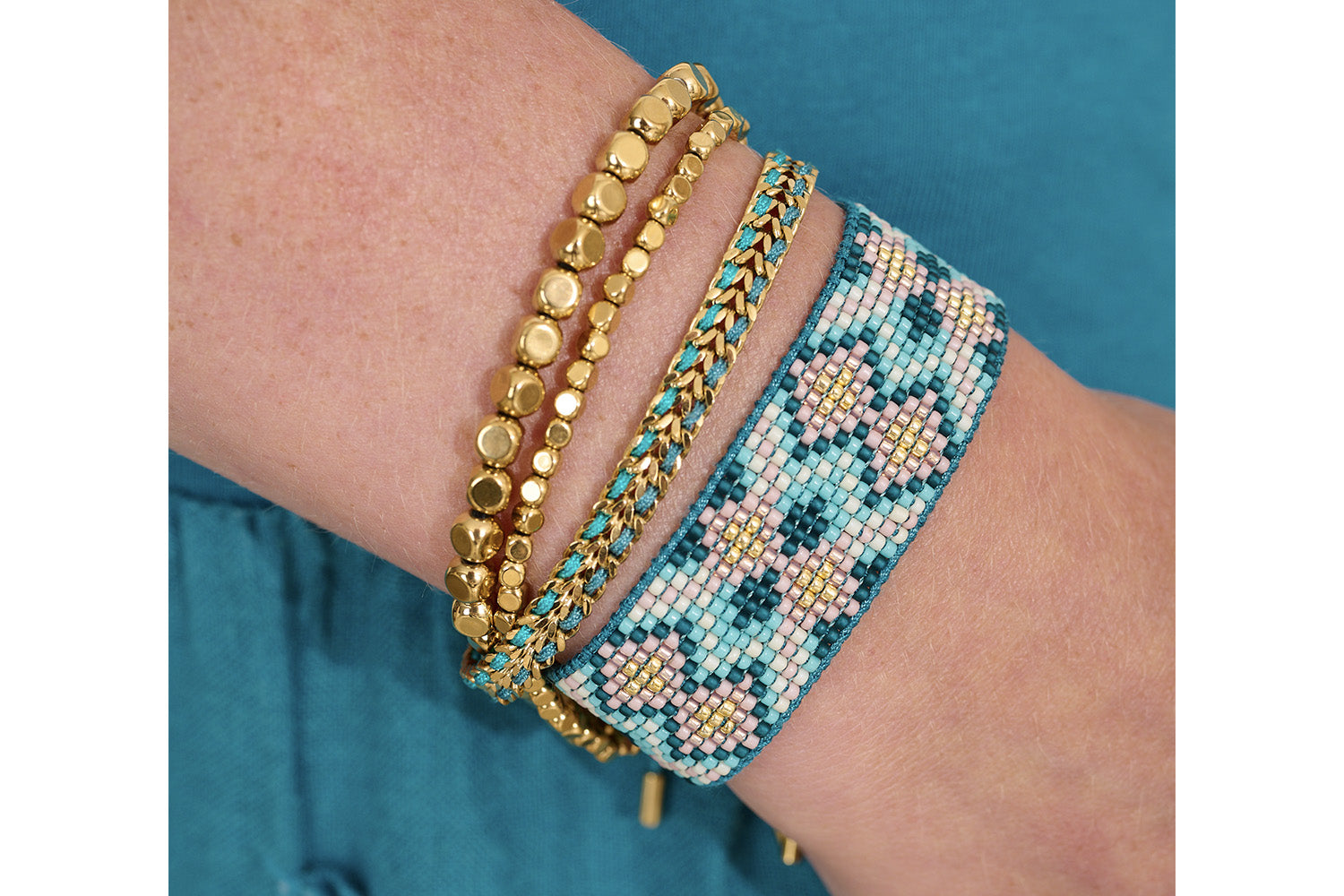 Kamala Major Gold Bead Bracelet Set styled on wrist, showcasing bold nugget-style gold beads and boho-inspired layering for an elevated everyday look.