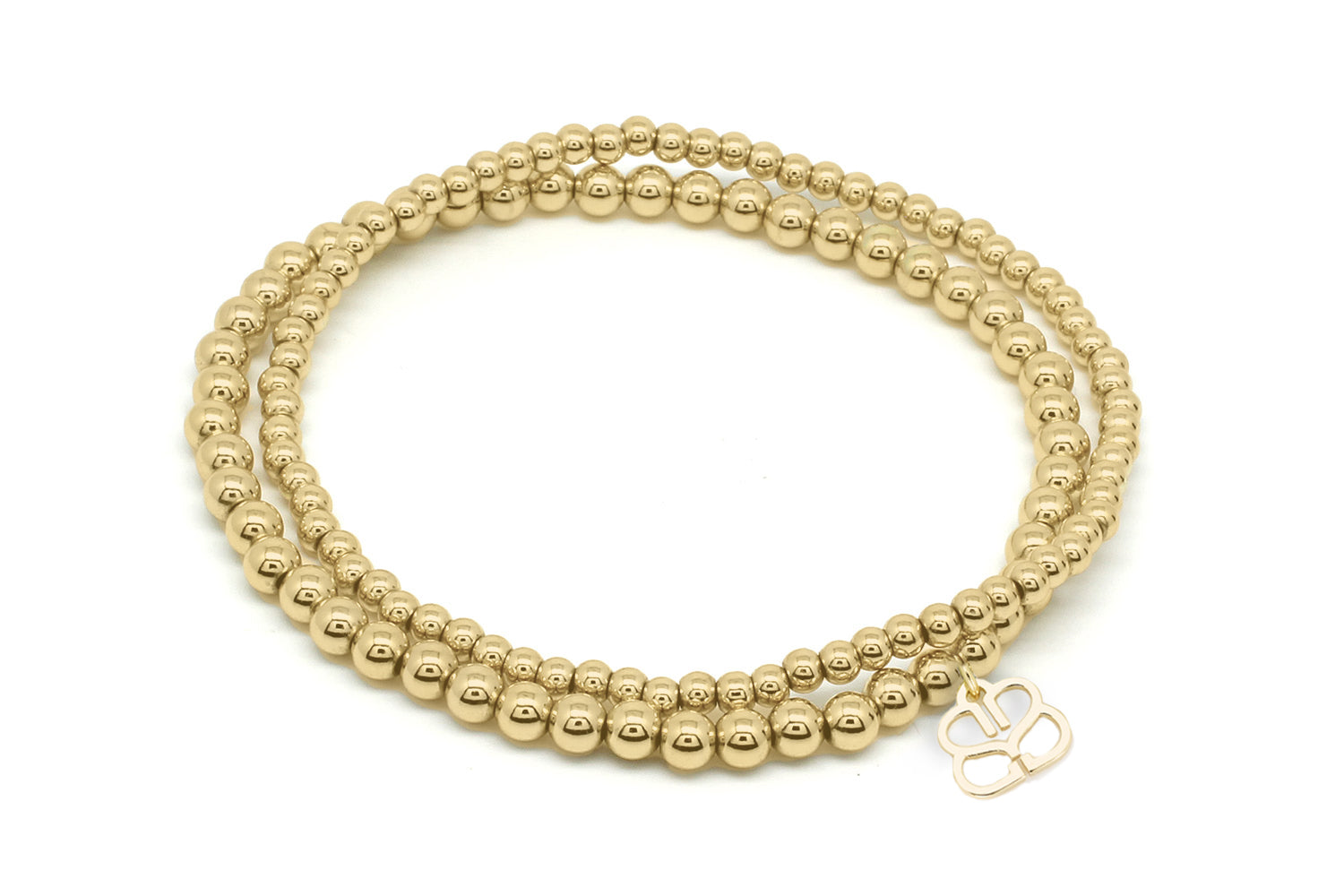 Kamini Stretch Bead Gold Bracelet Set featuring two gold-plated beaded bracelets in 3mm and 4mm sizes, designed for effortless layering and everyday wear.