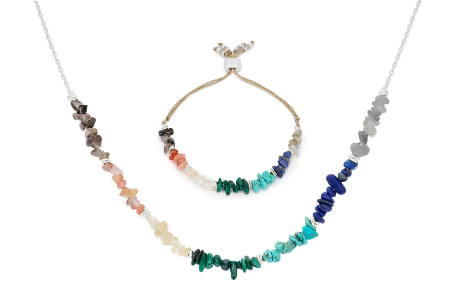 Kenzo Silver Chakra Necklace and Bracelet Set featuring vibrant chakra gemstones, including labradorite, turquoise-dyed howlite, malachite, carnelian, and lapis lazuli, with elegant sterling silver-plated accents.