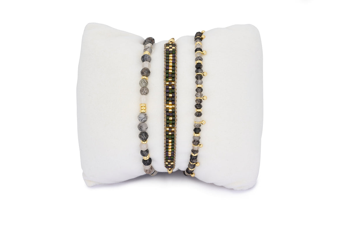 Keramas Black Rutilated Quartz Gold Bracelet Stack