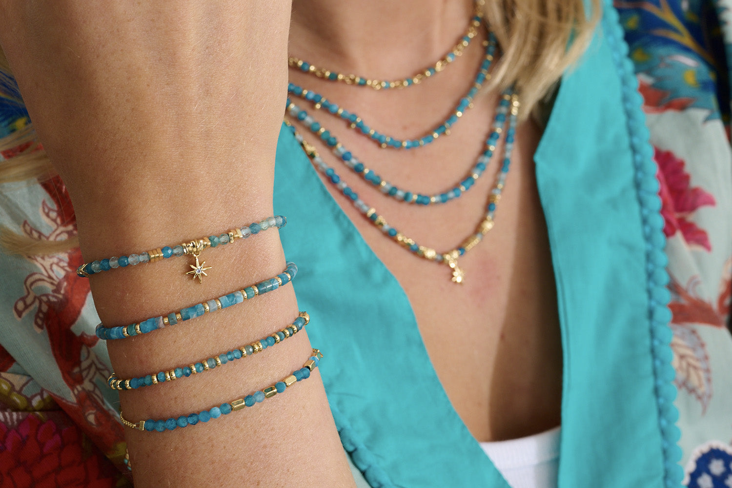 Our beautiful Apatite bracelet in gold which spells out kindness in morse code! The perfect gift for her.