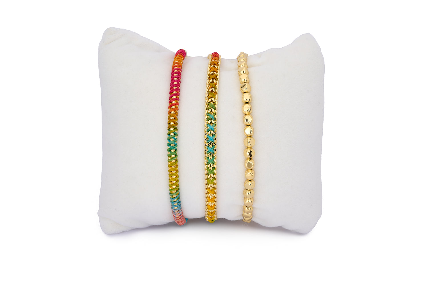 Ko Phi Phi Rainbow & Gold Bracelet Stack featuring braided ombré cord, gold chain, and stretch-fit gold bead bracelets in a colourful trio.