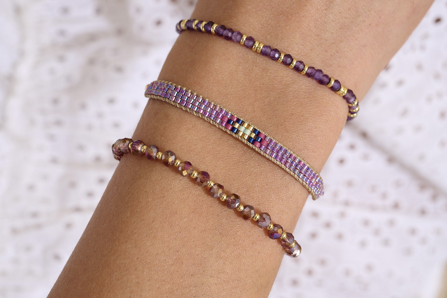 Komodo Amethyst & Gold Bracelet Stack styled with vibrant purples, pinks, and 12k gold details—perfect for gifting, stacking, and soulful styling.