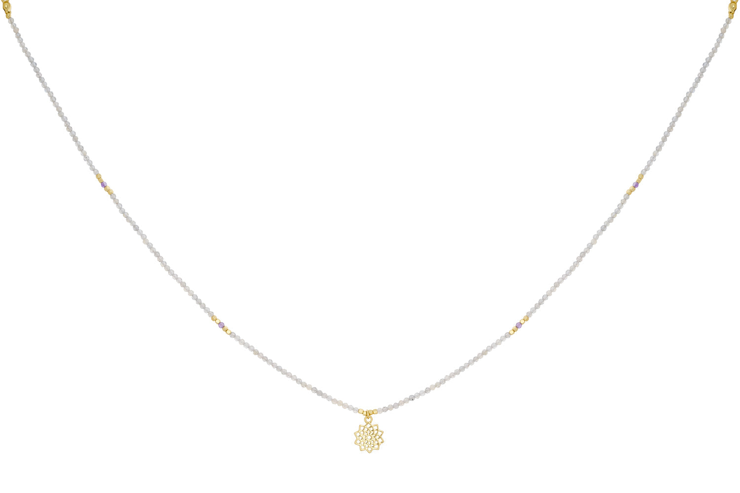 Labradorite & Amethyst Gold Crown Chakra Necklace featuring shimmering labradorite, calming amethyst, a 12k gold-plated crown chakra charm, and adjustable chain.