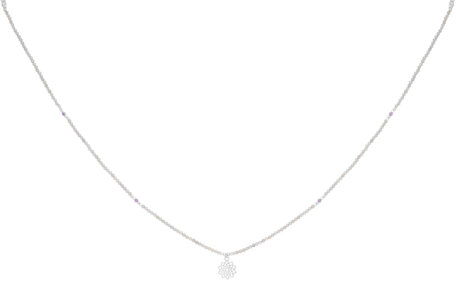 Labradorite and Amethyst Silver Crown Chakra Necklace featuring labradorite beads, amethyst gemstones, and sterling silver accents for spiritual clarity and intuition.