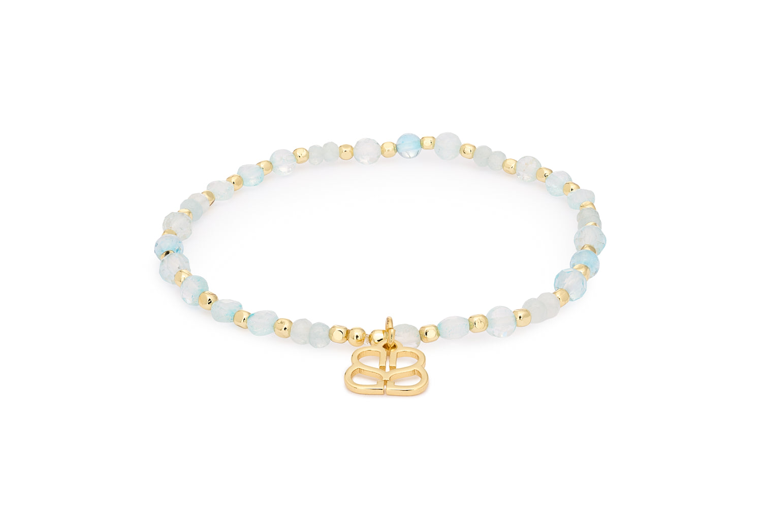 Laria Blue Topaz & Gold Beaded Bracelet featuring blue topaz gemstones and 12k gold-plated brass beads in an 18cm stretch-fit design.