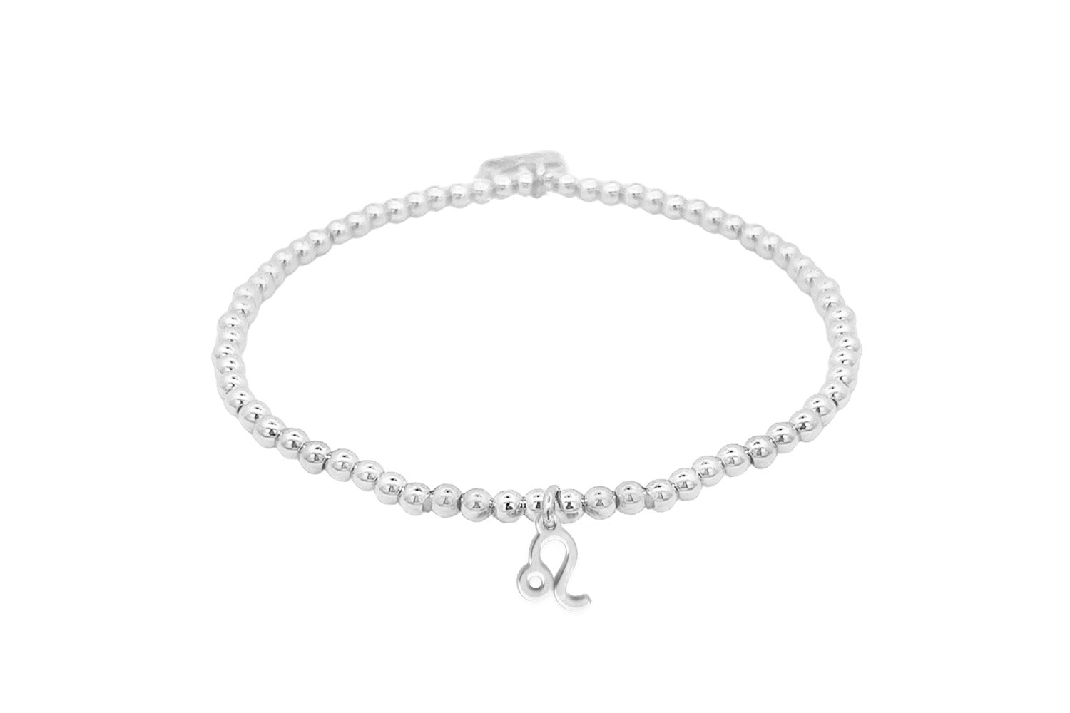 Silver stretch bead bracelet featuring a polished Leo zodiac charm and Boho Betty signature tag, designed for astrology lovers.