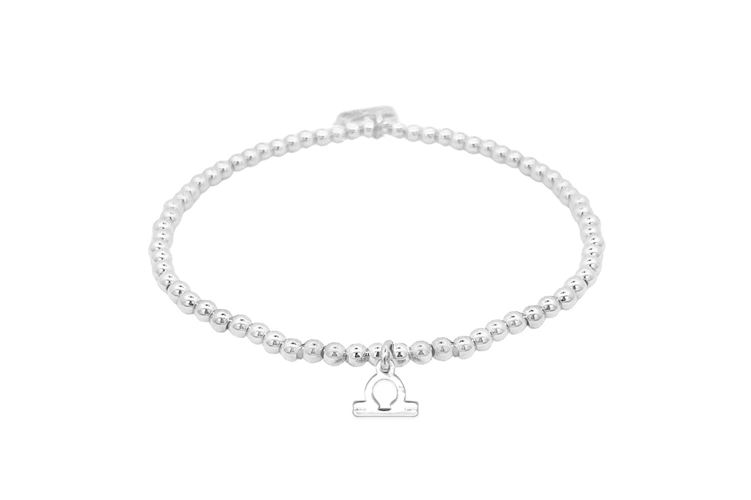 Silver stretch bead bracelet featuring a polished Libra zodiac charm and Boho Betty signature tag, designed for astrology lovers.