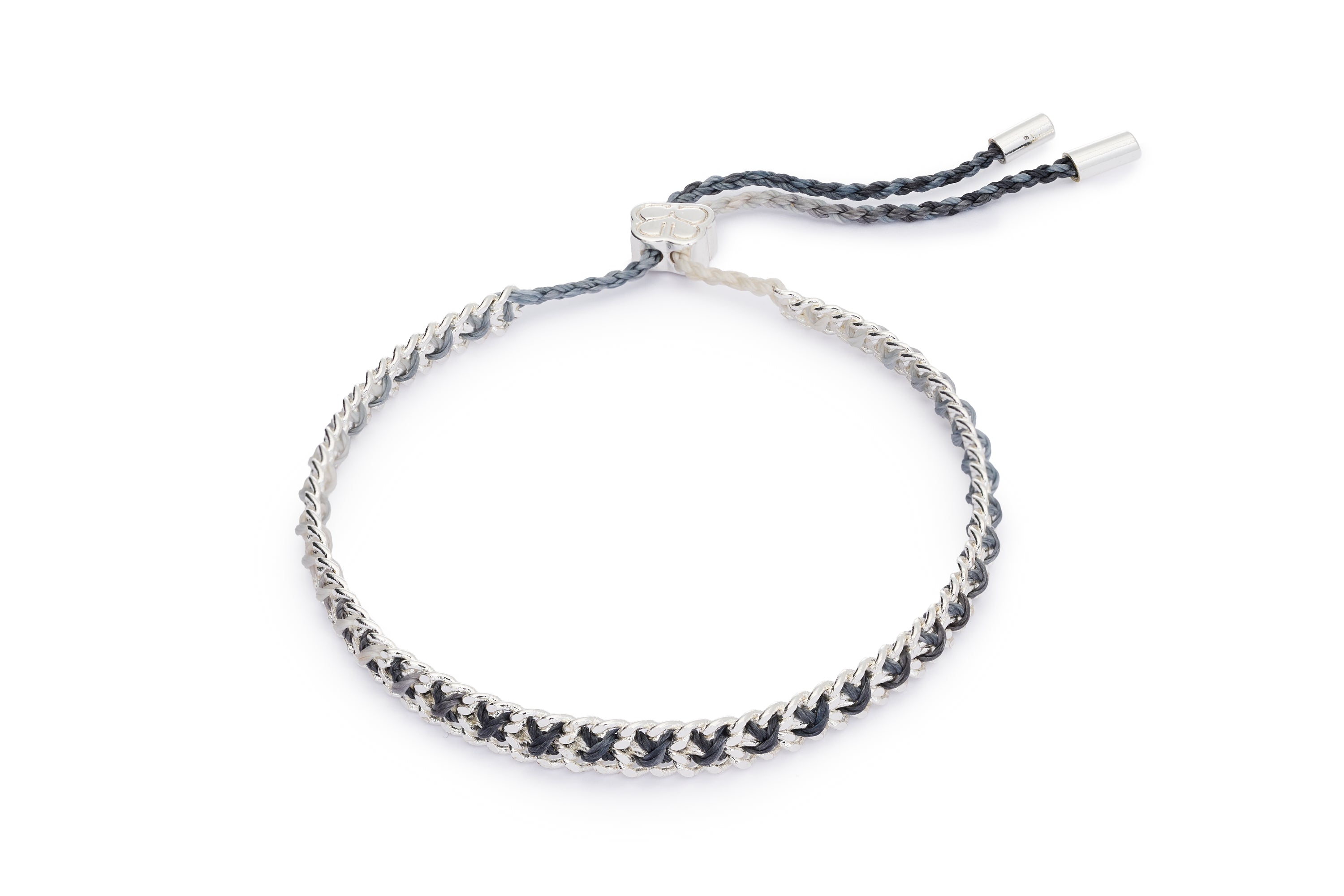 Lilia charcoal and silver woven bracelet with sterling silver-plated brass chain and adjustable slider