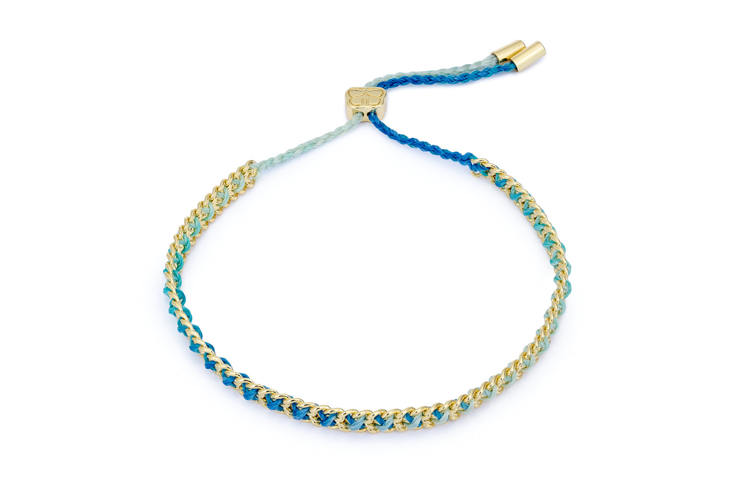 Lilia Gold & Blue Ombre Braided Bracelet with deep ocean blues, soft aqua hues, and gold-plated chain details featuring an adjustable slider fastening.