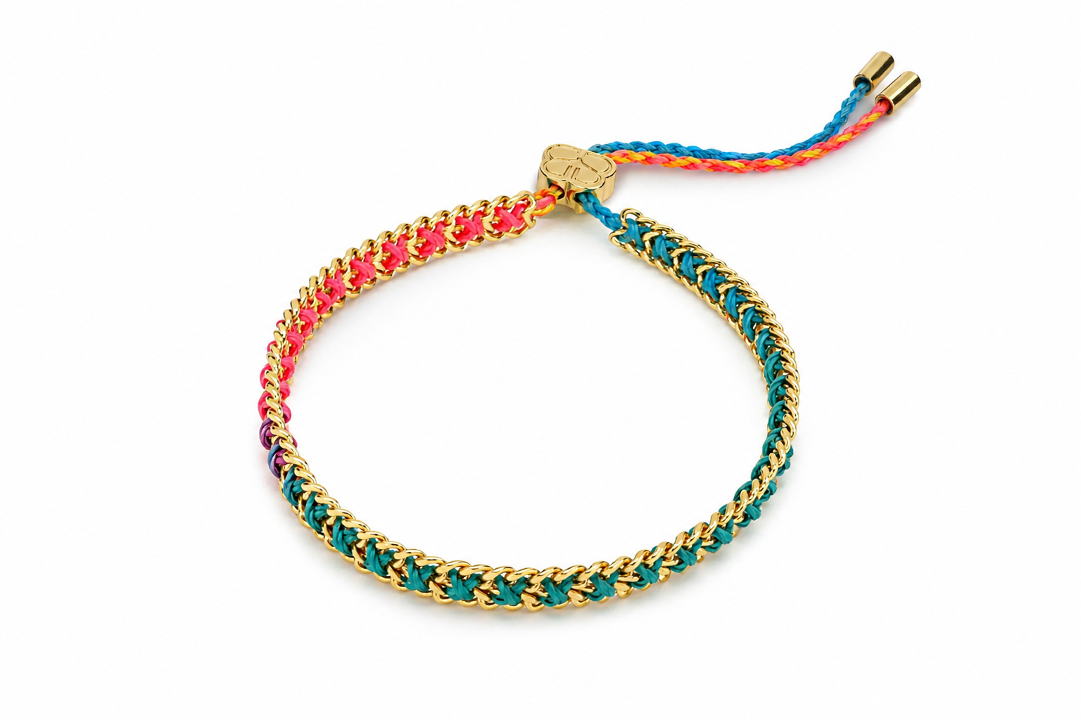 Lilia Havana Brights Gold Braided Bracelet featuring vibrant woven threads with waterproof 14k Gold PVD stainless steel chain.