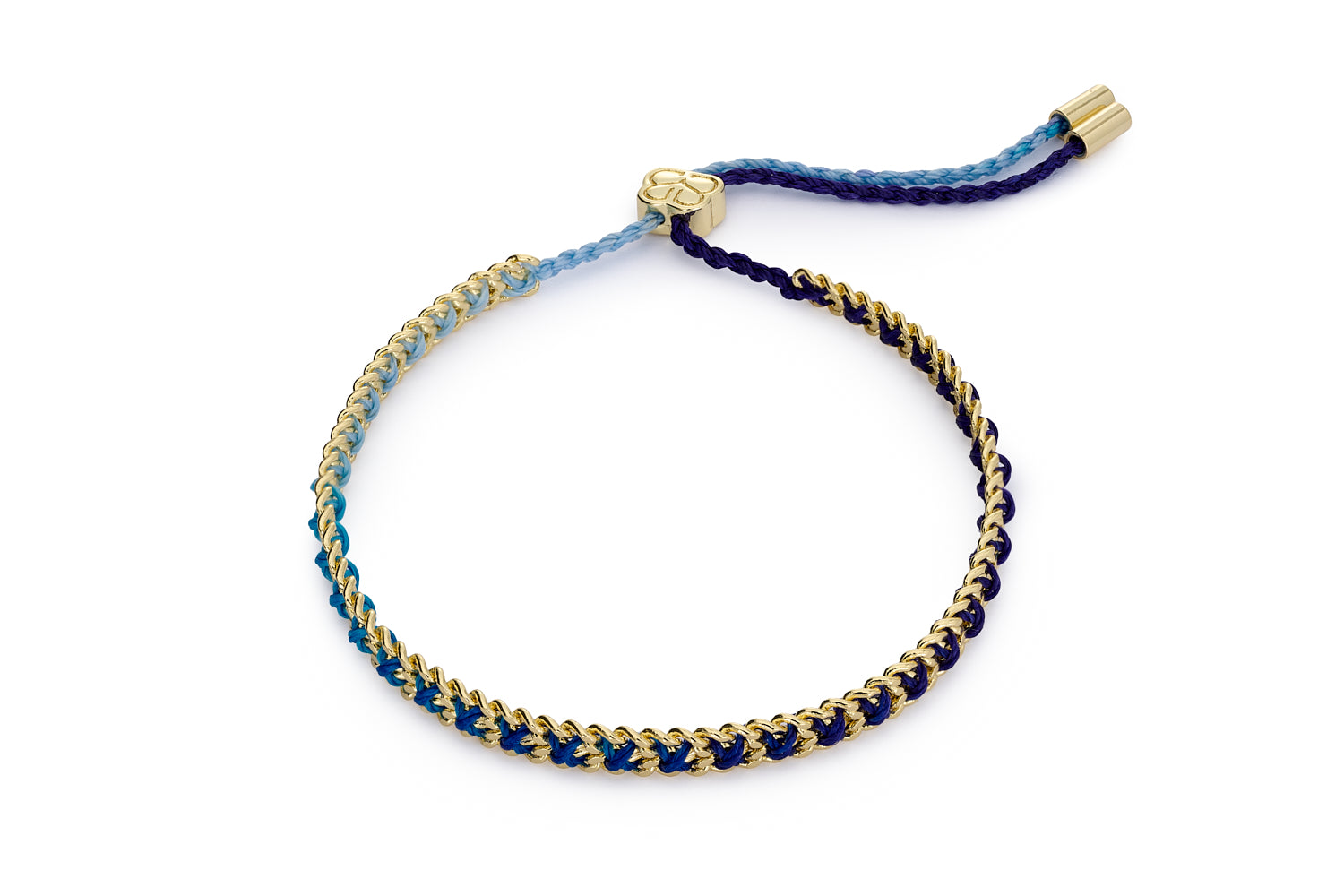 Navy and aqua woven bracelet with 12k gold-plated chain and adjustable slider clasp