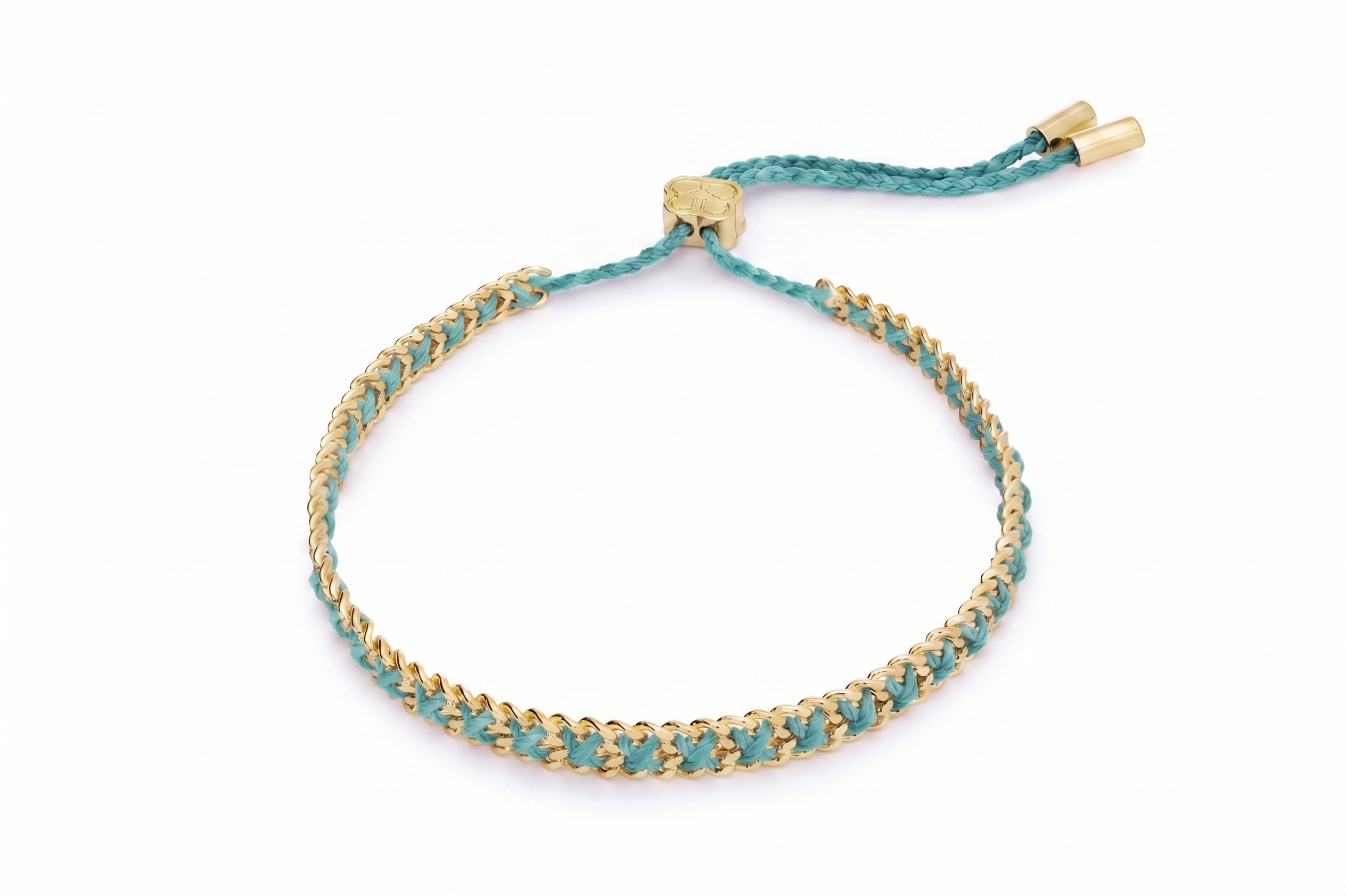 Lilia Teal Gold Woven Bracelet featuring vibrant teal braided thread woven through a polished gold chain with an adjustable slider fastening.