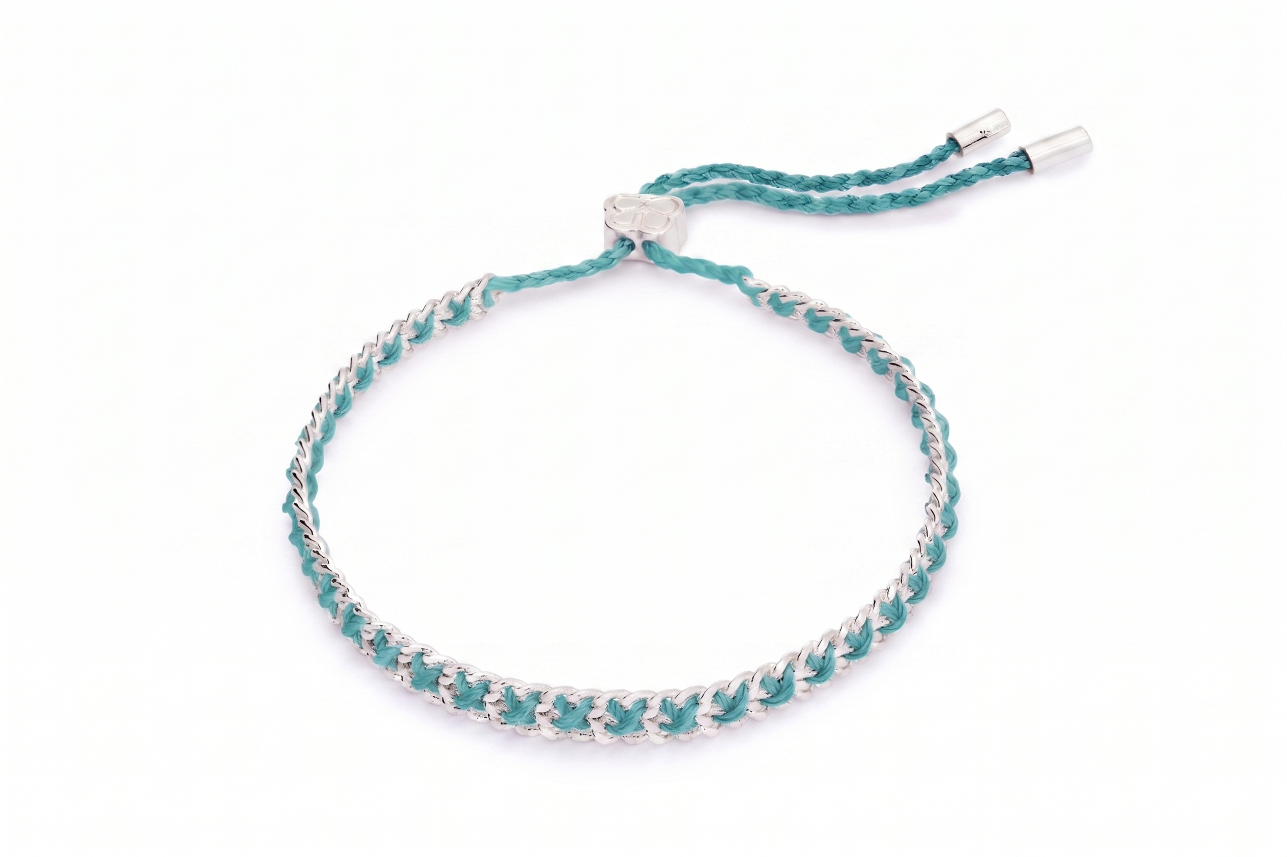 Lilia Teal and Silver Woven Bracelet featuring vibrant teal braided thread woven through a polished silver chain with an adjustable slider fastening.