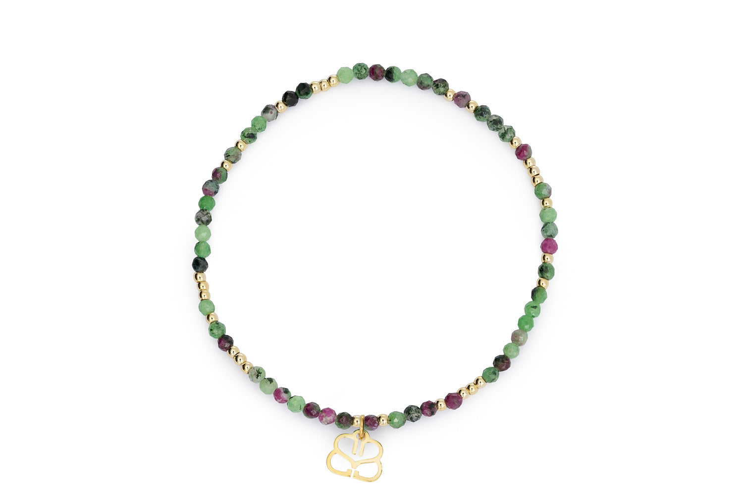 Lilias Gold & Ruby Zoisite Gemstone Bead Bracelet with pink and green faceted stones, gold beads, and Boho Betty filigree charm.
