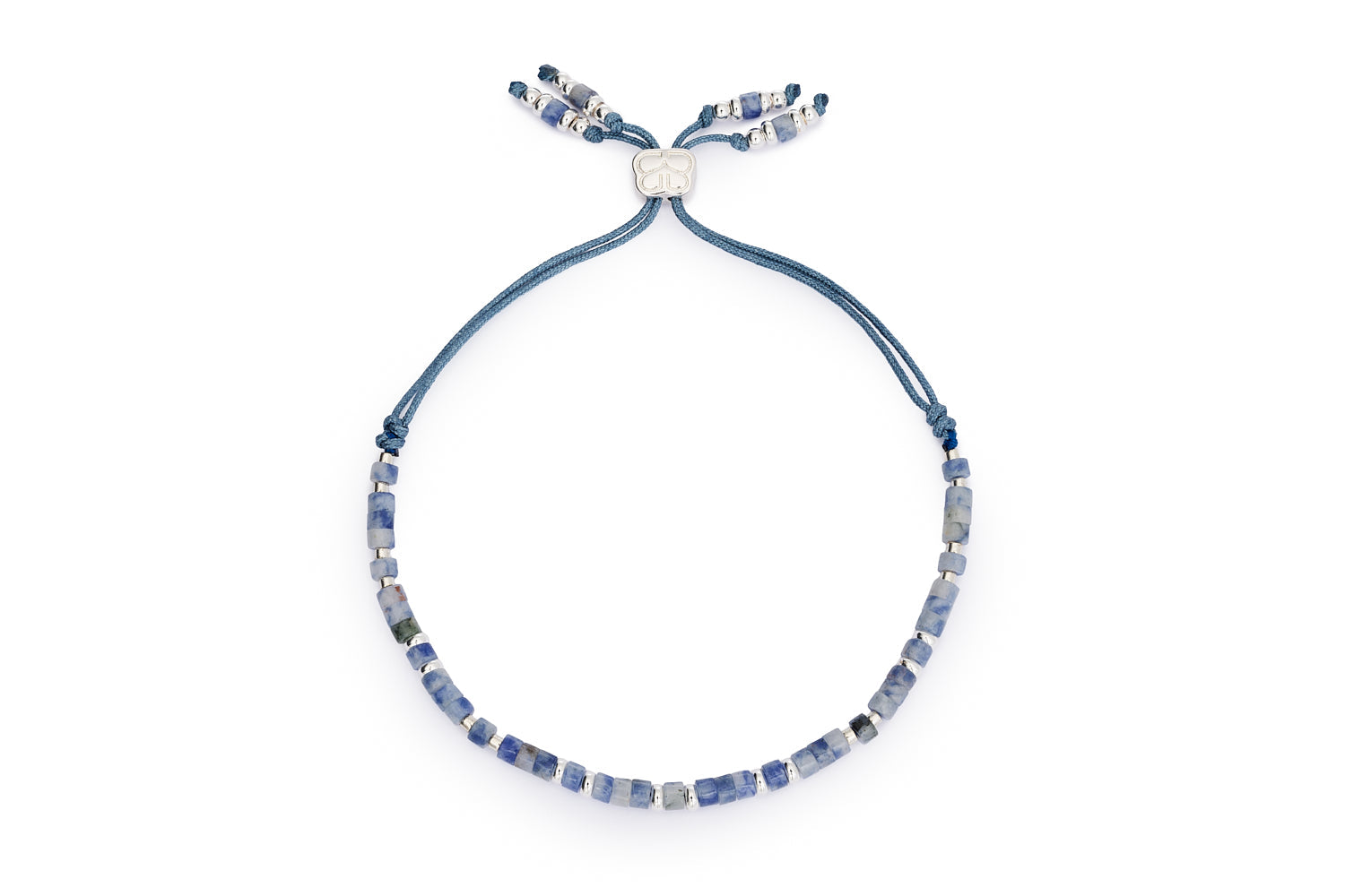 Liv silver friendship bracelet with blue aventurine gemstone cube beads and Boho Betty charm on white background