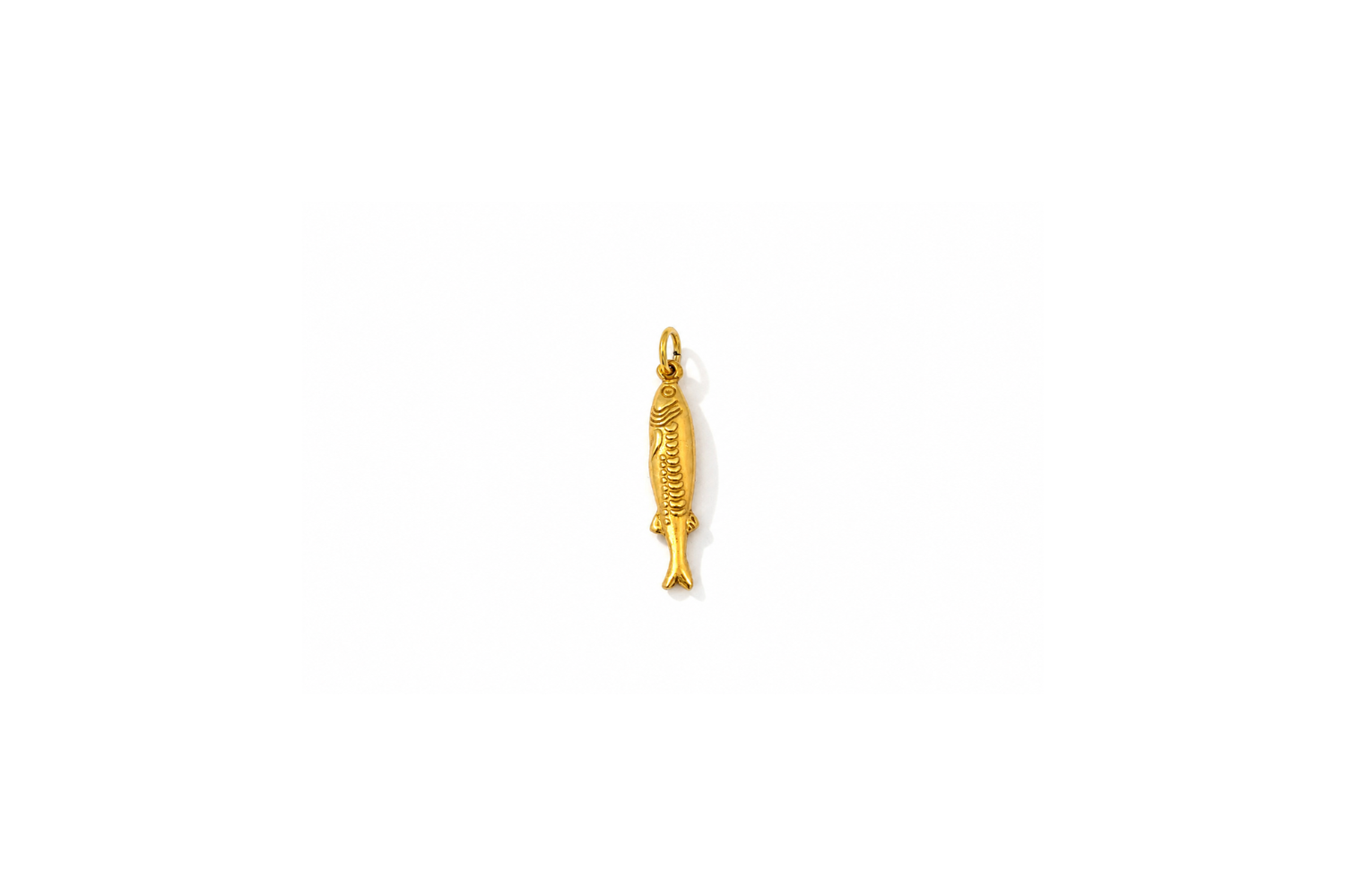 Long Gold Fish Charm featuring an elegant sculpted fish with engraved scales in waterproof 14k Gold PVD stainless steel for Boho Betty charm carrier jewellery.