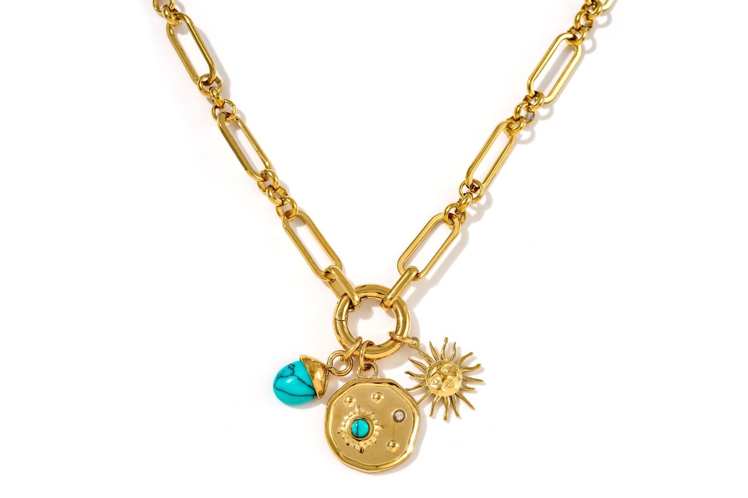 Luma Turquoise Howlite Gold Necklace with chunky paperclip chain and detachable celestial charms in gold and turquoise.