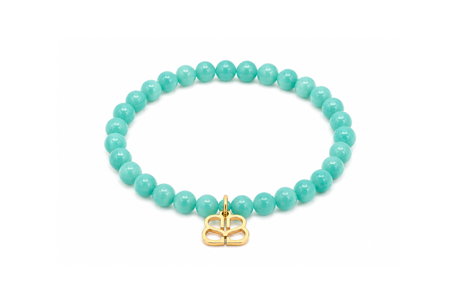 Mani Amazonite Gold Waterproof Stretch Bead Bracelet featuring natural Amazonite gemstone beads with waterproof 14k Gold PVD stainless steel details and a Boho Betty filigree charm.