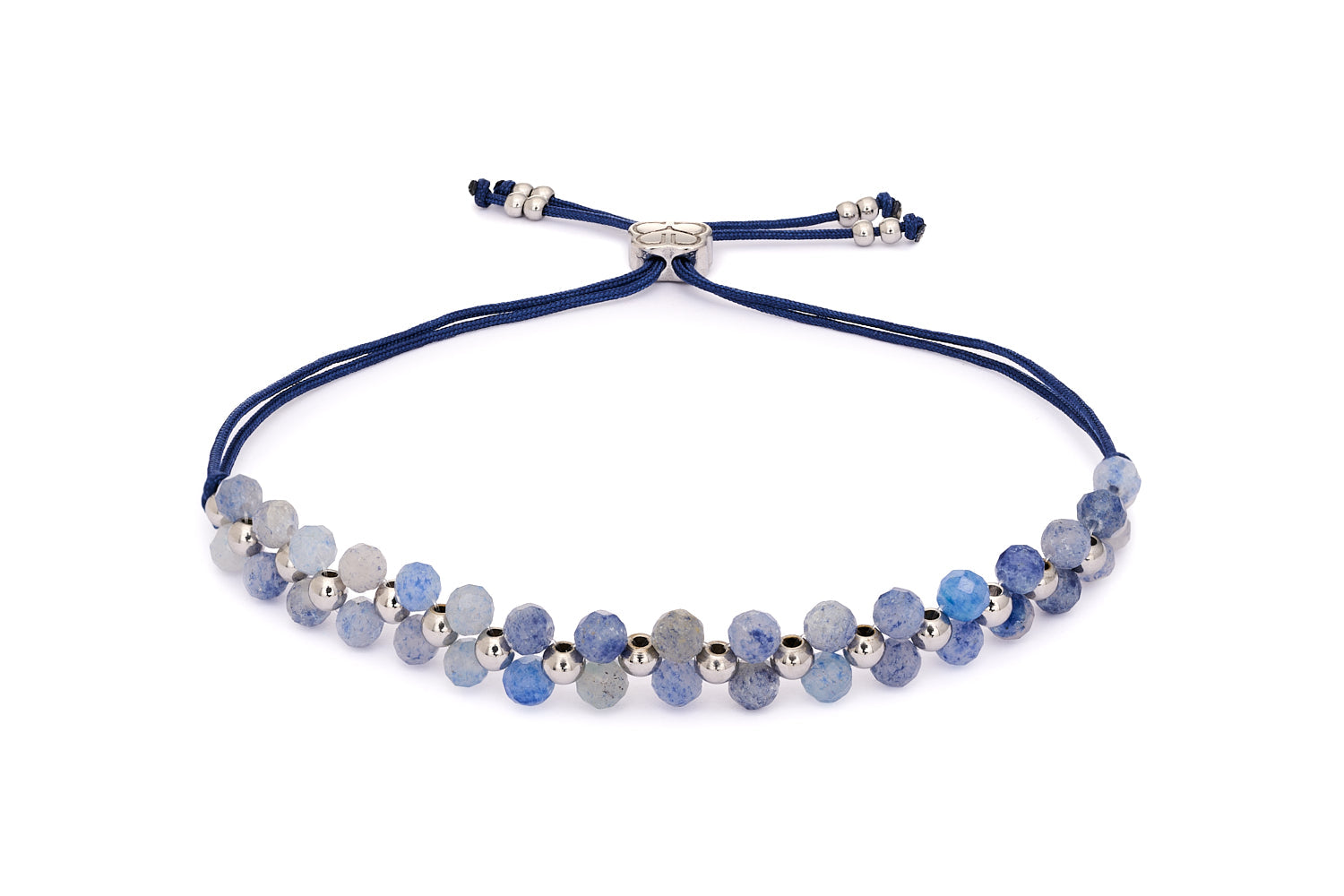 Marisol Blue Aventurine & Silver Gemstone Bracelet featuring faceted blue aventurine gemstones with stainless steel silver-plated accents and adjustable woven slider fit up to 26cm.