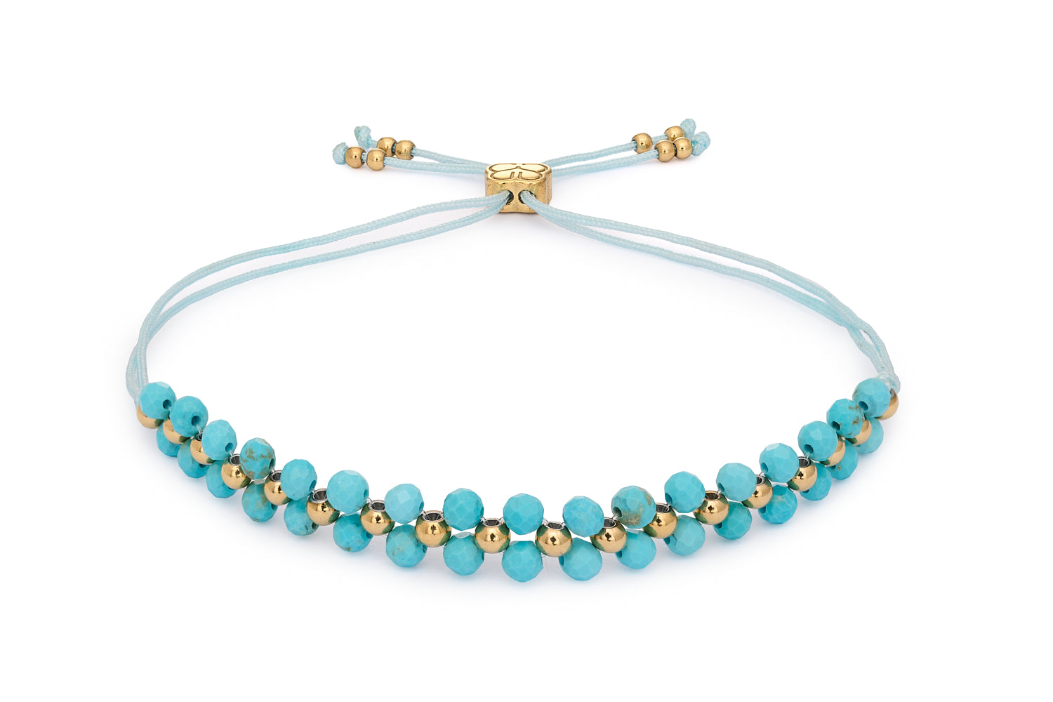 Marisol Turquoise Howlite & Gold Gemstone Bracelet featuring faceted turquoise howlite gemstones with 14k PVD gold-plated stainless steel accents and adjustable slider fit up to 26cm.