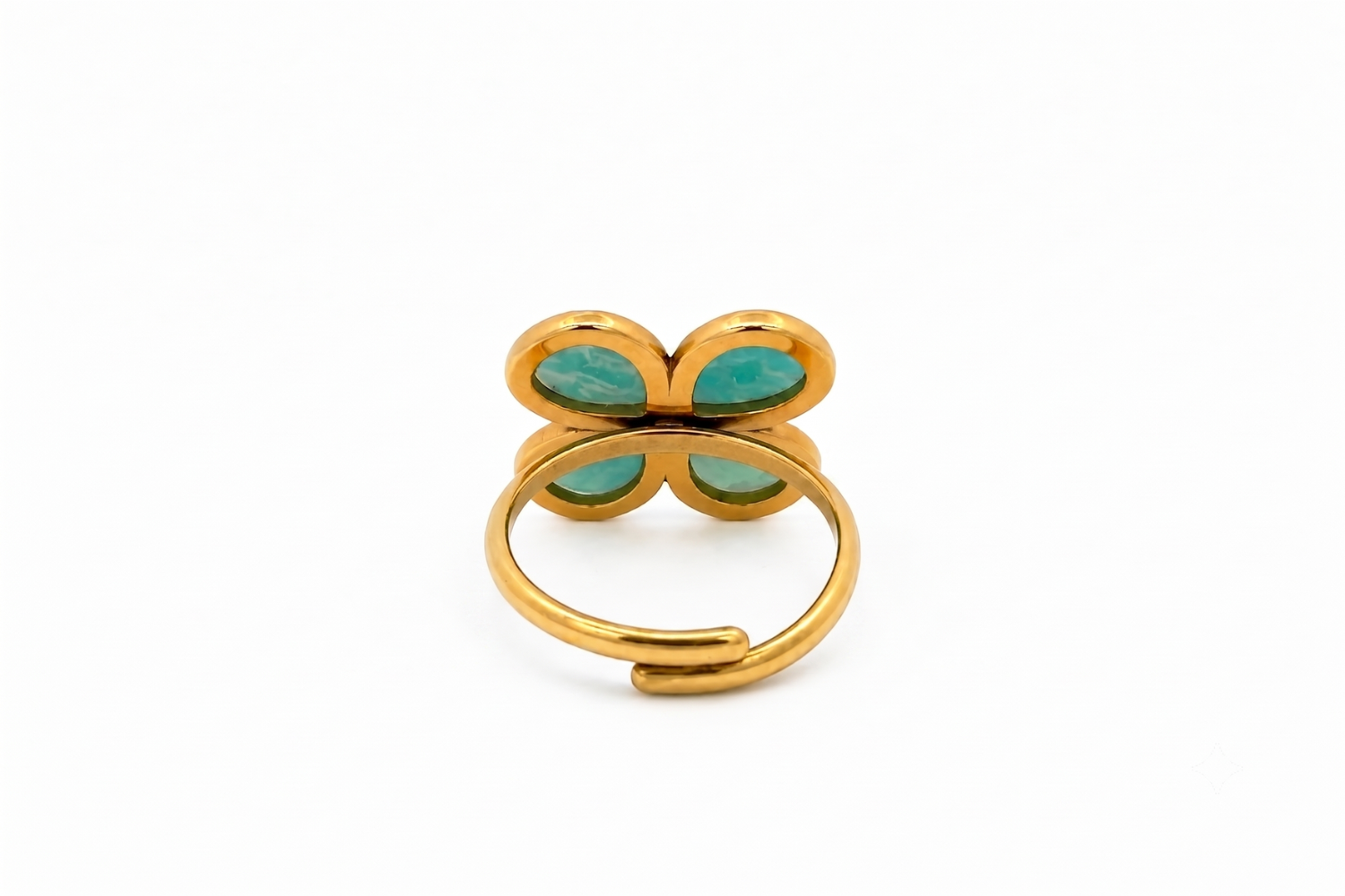 Marsilea Amazonite & Gold Clover Ring back view, showing the adjustable band in waterproof 14k Gold PVD stainless steel.