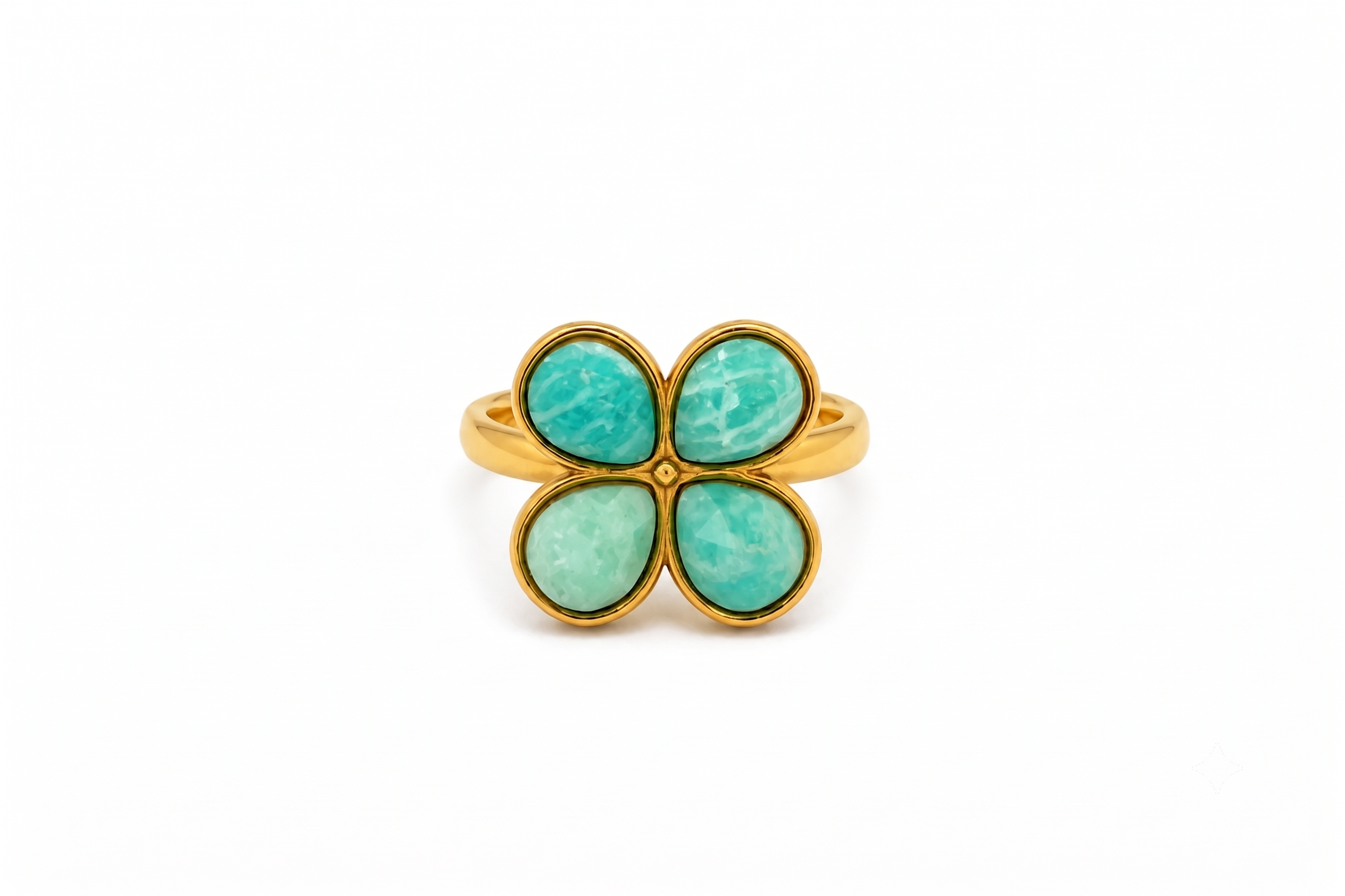 Marsilea Amazonite & Gold Clover Ring featuring four faceted Amazonite gemstones in a statement clover design with a waterproof 14k Gold PVD stainless steel adjustable band.
