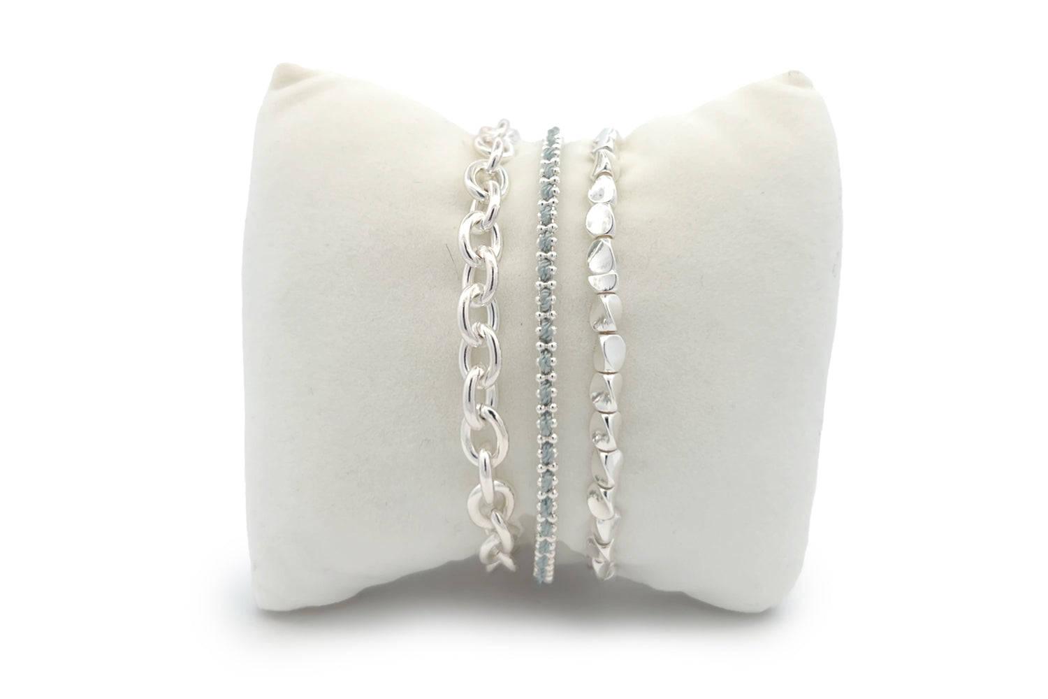 Maui Silver Beaded Stacking Bracelet featuring a blend of woven cord, chunky silver chain, and organic silver nugget beads in Boho Betty’s signature boho-chic style.