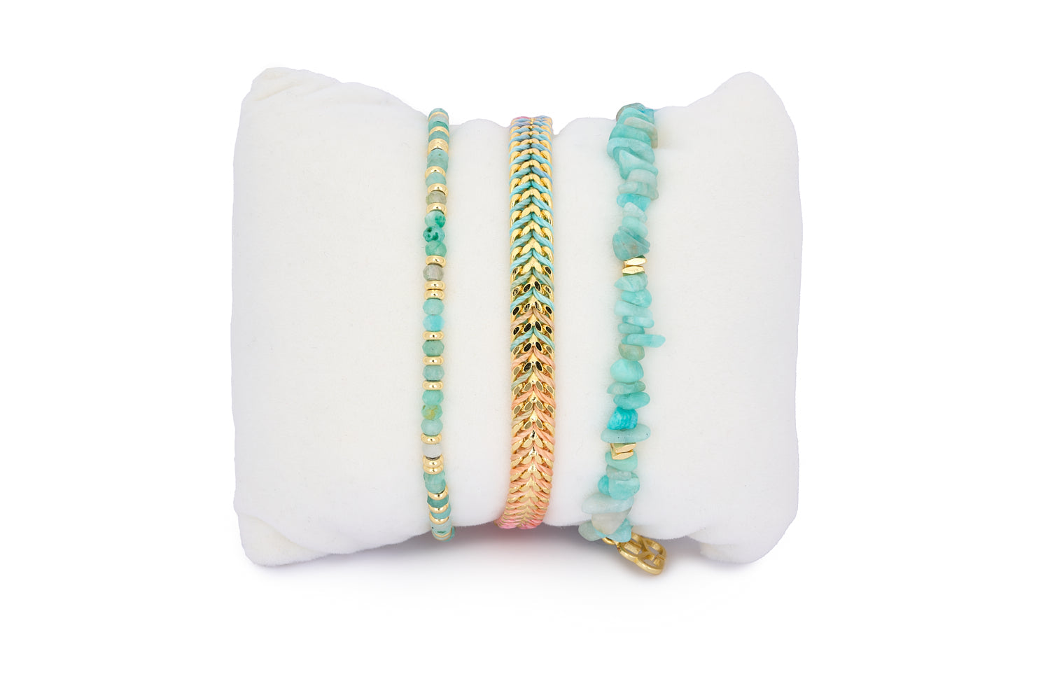 Maupiti Amazonite & Gold Bracelet Stack featuring three handcrafted bracelets with raw Amazonite, gold accents, and pastel tones in a stylish, boho-luxe design.