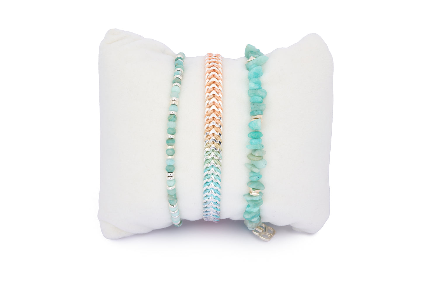 Maupiti Amazonite & Silver Bracelet Stack featuring three ocean-inspired bracelets with amazonite stones, braided thread, and silver-plated accents.
