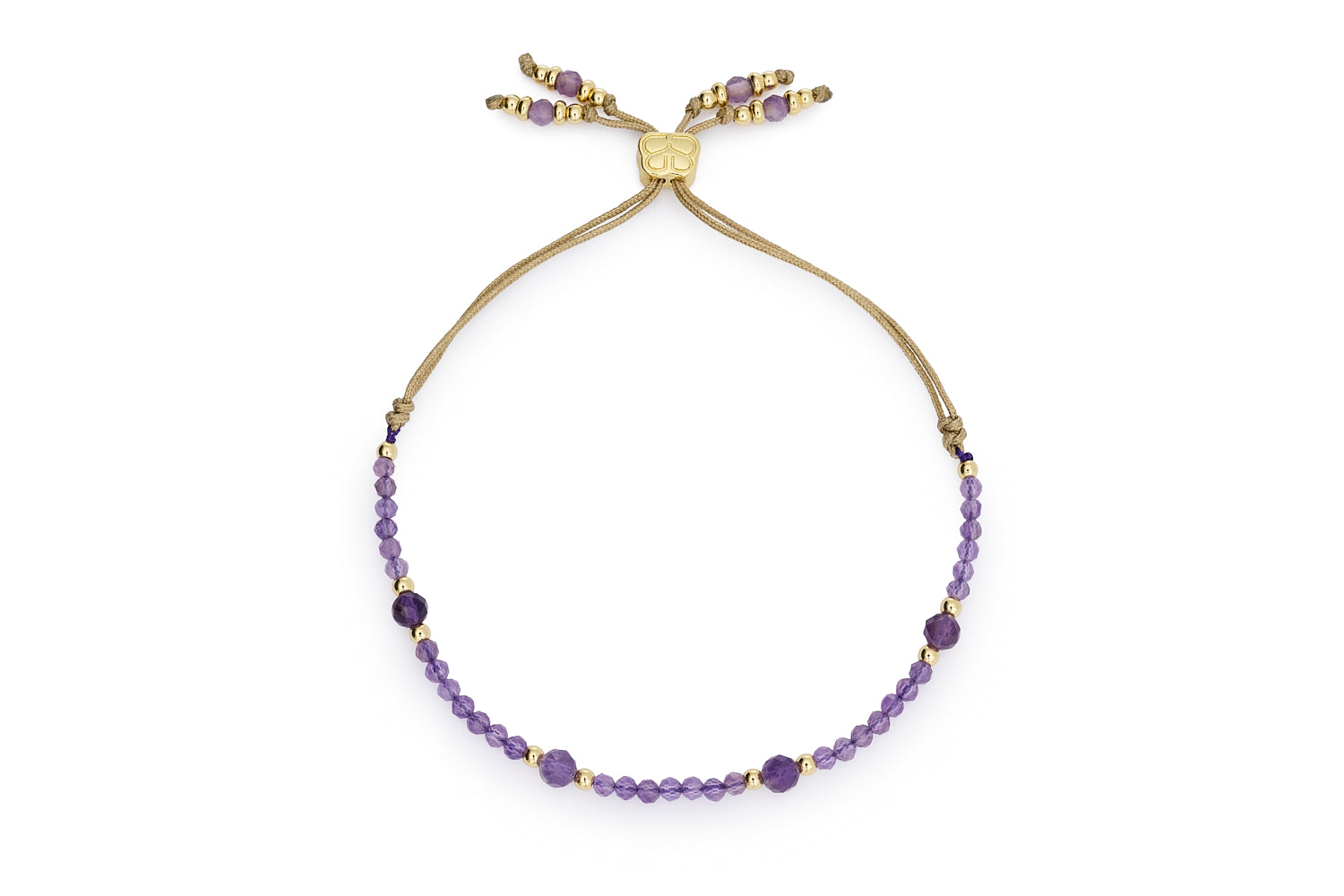 Meadow Gold & Amethyst Gemstone Slider Bracelet featuring faceted amethyst beads, 12k gold-plated accents, and an adjustable golden cord slider.