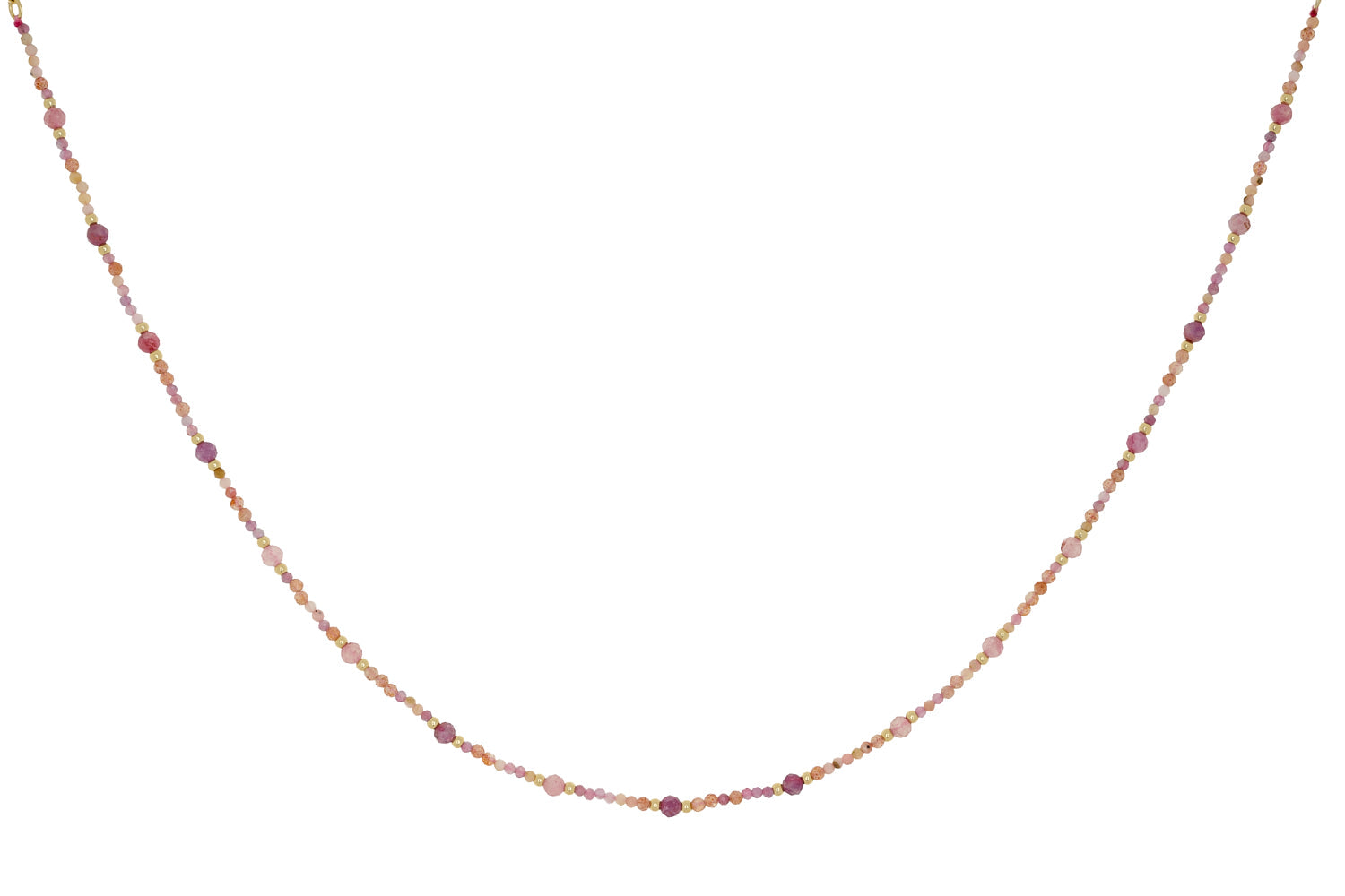 Melrose Pink Tourmaline Mix Gold Necklace featuring faceted pink gemstone beads in mixed hues and 12k gold-plated accents, designed for layering and joyful styling.