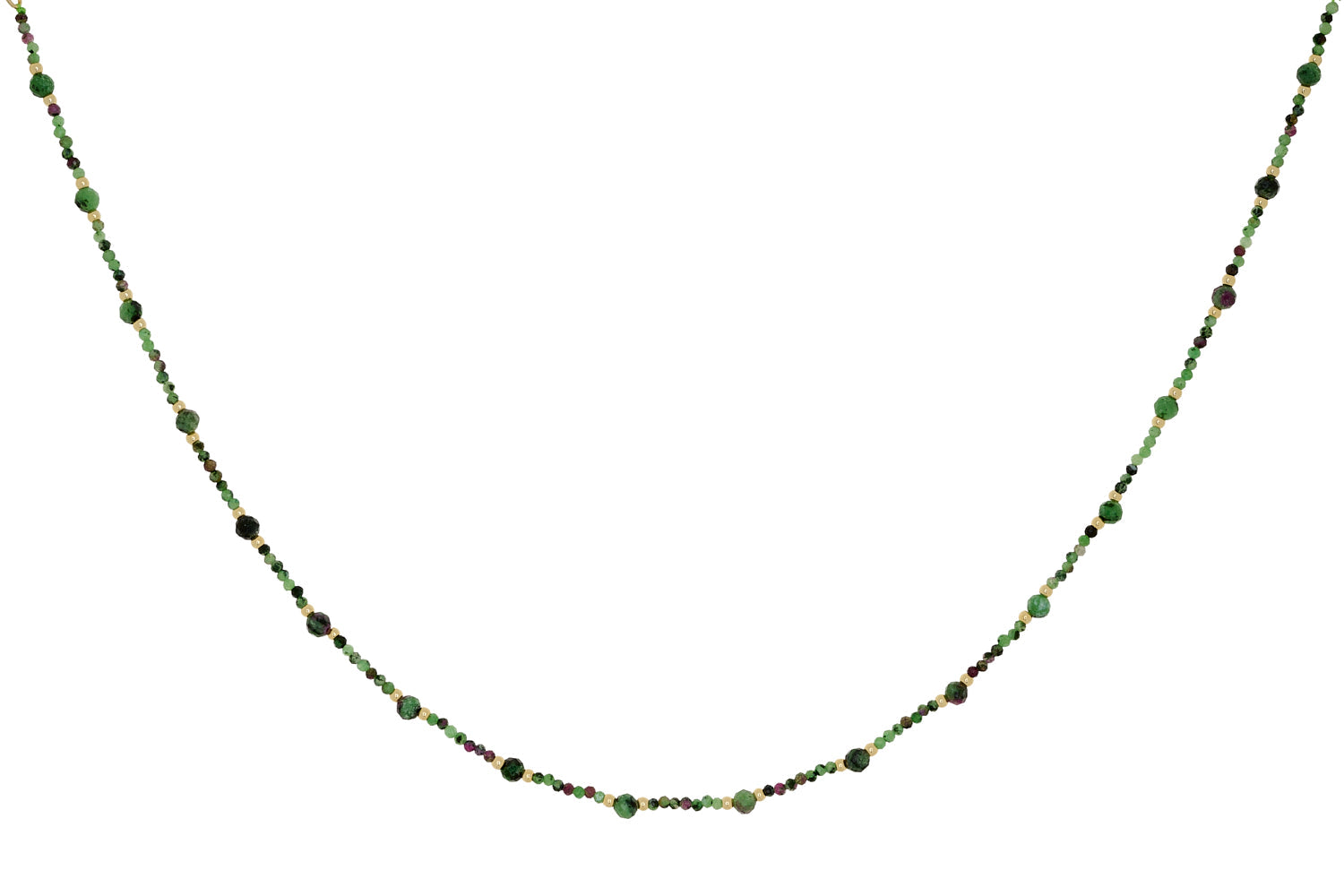 Melrose Gold & Ruby Zoisite Gemstone Bead Necklace featuring faceted ruby zoisite stones in mixed fuchsia and green tones with gold-plated accents, designed for layering.