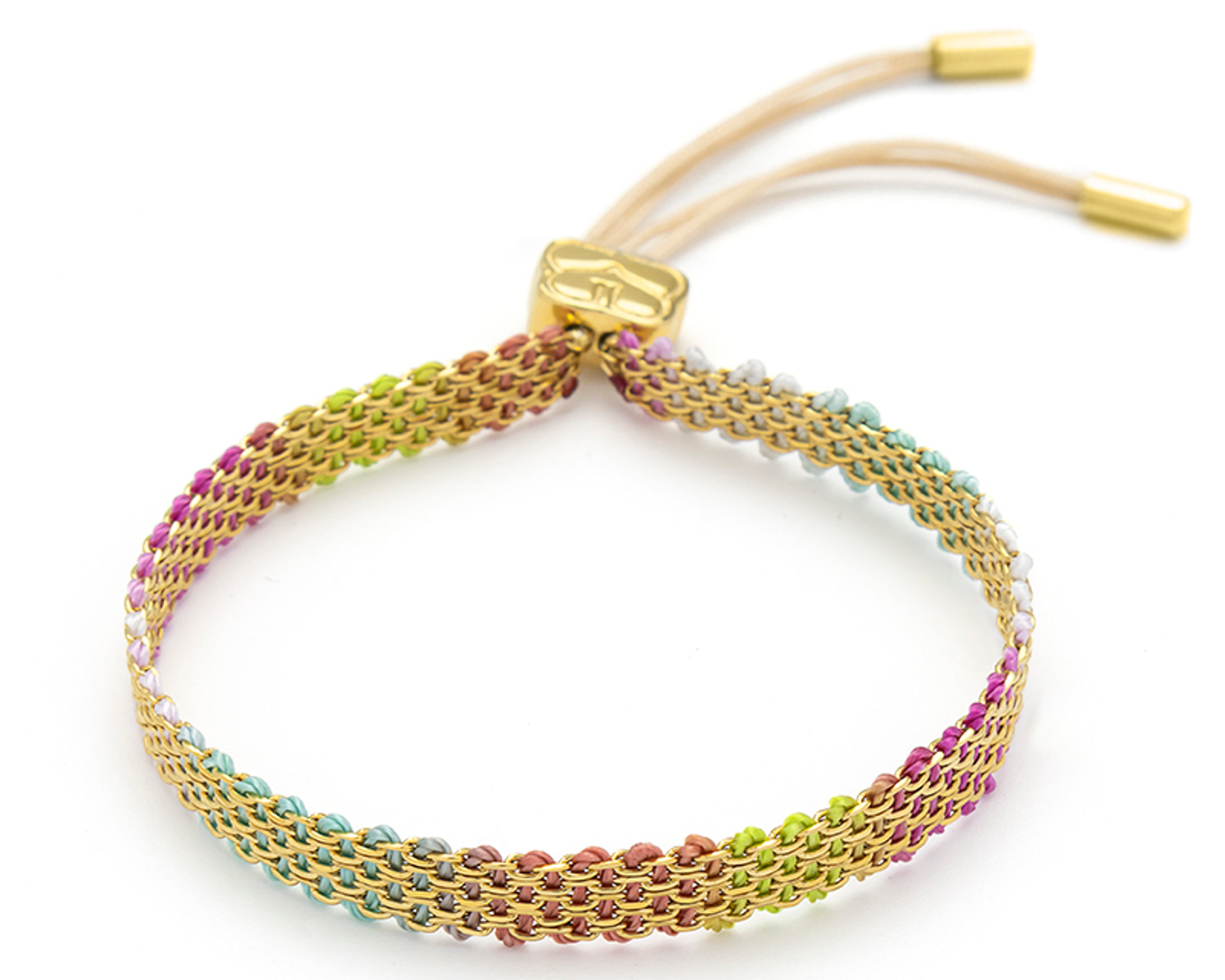 Millie Candy Mesh Woven Bracelet with colourful mesh detailing, 14k gold PVD stainless steel and adjustable slider fastening.