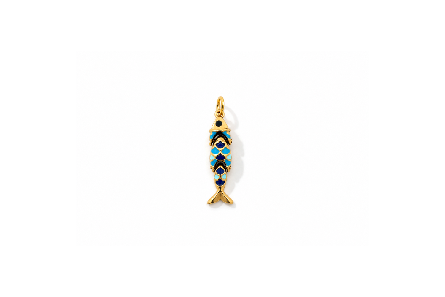 Minami Blue Ombre Enamel Fish Charm Gold featuring a detailed fish with translucent aqua and deep blue ombré enamel on a waterproof 14k Gold PVD stainless steel charm.