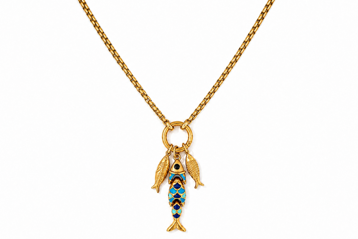 Minami Blue Ombre Waterproof Long Gold Fish Cluster Necklace featuring two polished gold fish charms and a blue ombré enamel fish charm on a waterproof 14k gold PVD long charm carrier chain.