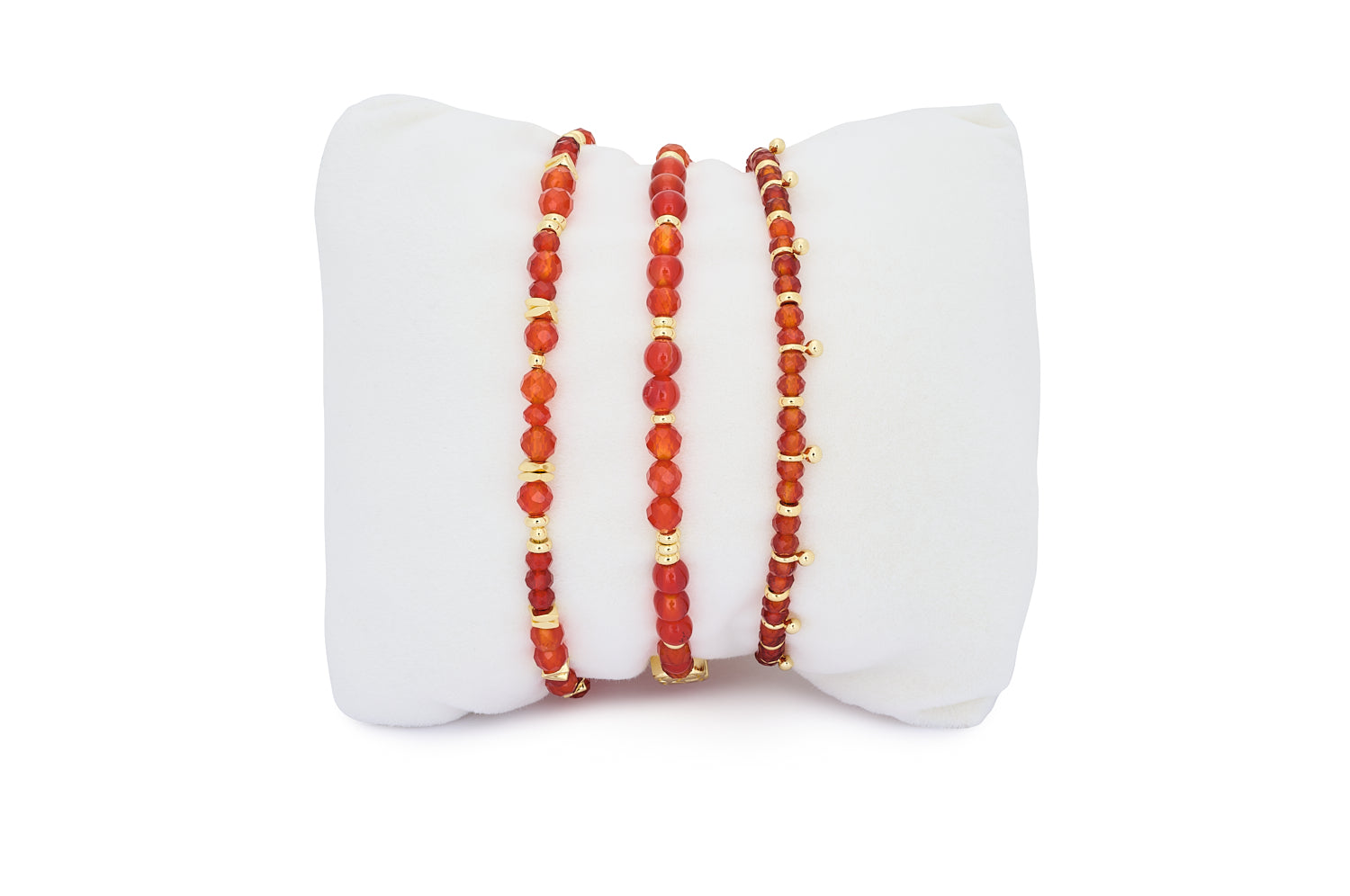 Moala Red & Orange Agate Gold Bracelet Stack featuring vibrant red and orange agate gemstones with gold-plated accents in a trio of beaded bracelets.