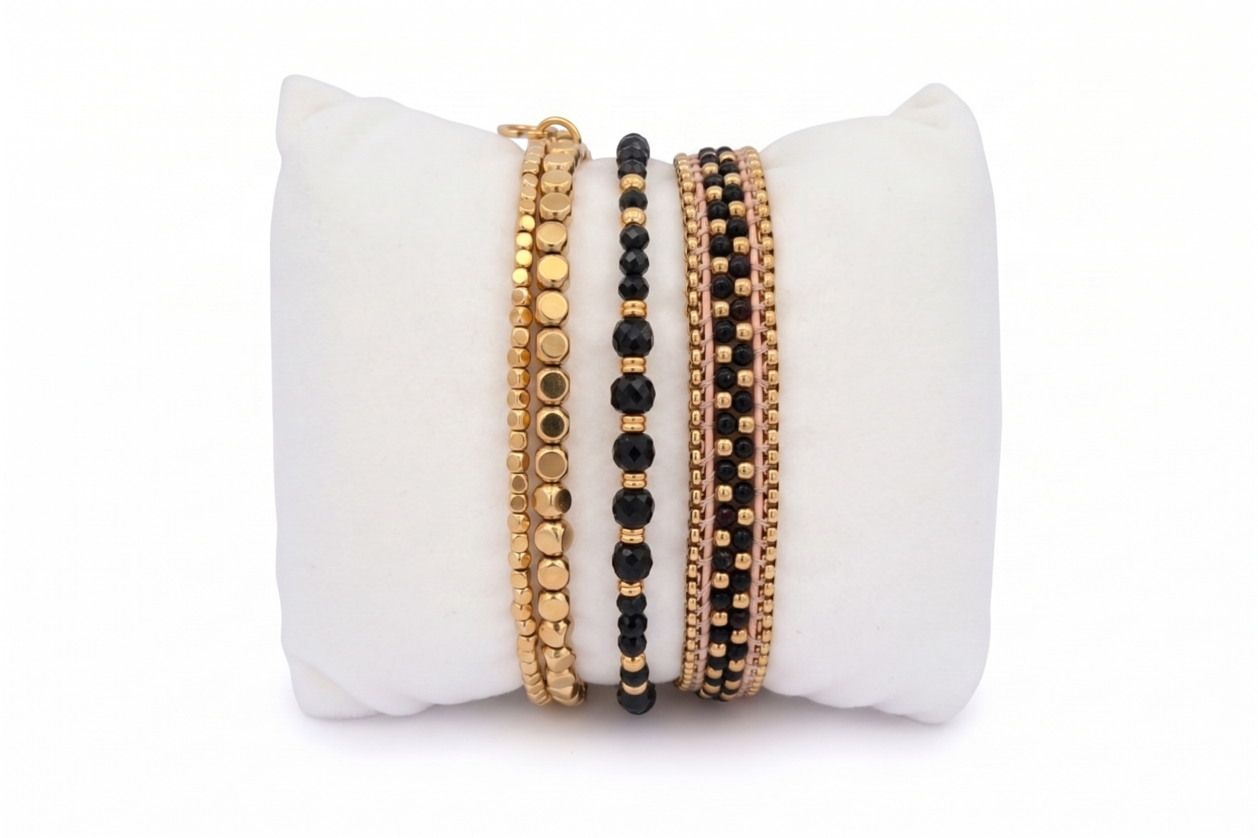 Montserrat Black Spinel and Gold Bracelet Stack featuring layered black gemstone bracelets, chunky gold bead details and woven black spinel textures in a bold boho-inspired design.