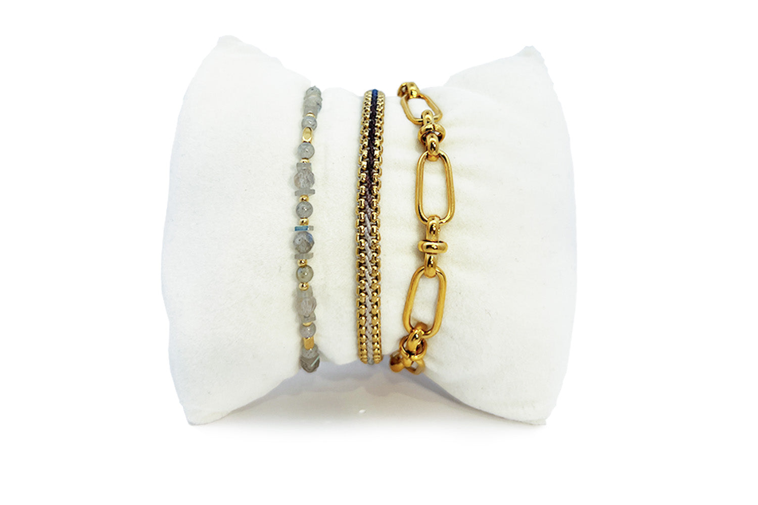 Mordazo Labradorite & Gold Stacking Bracelets, labradorite, gold chain and blue braided trio with adjustable sliders.