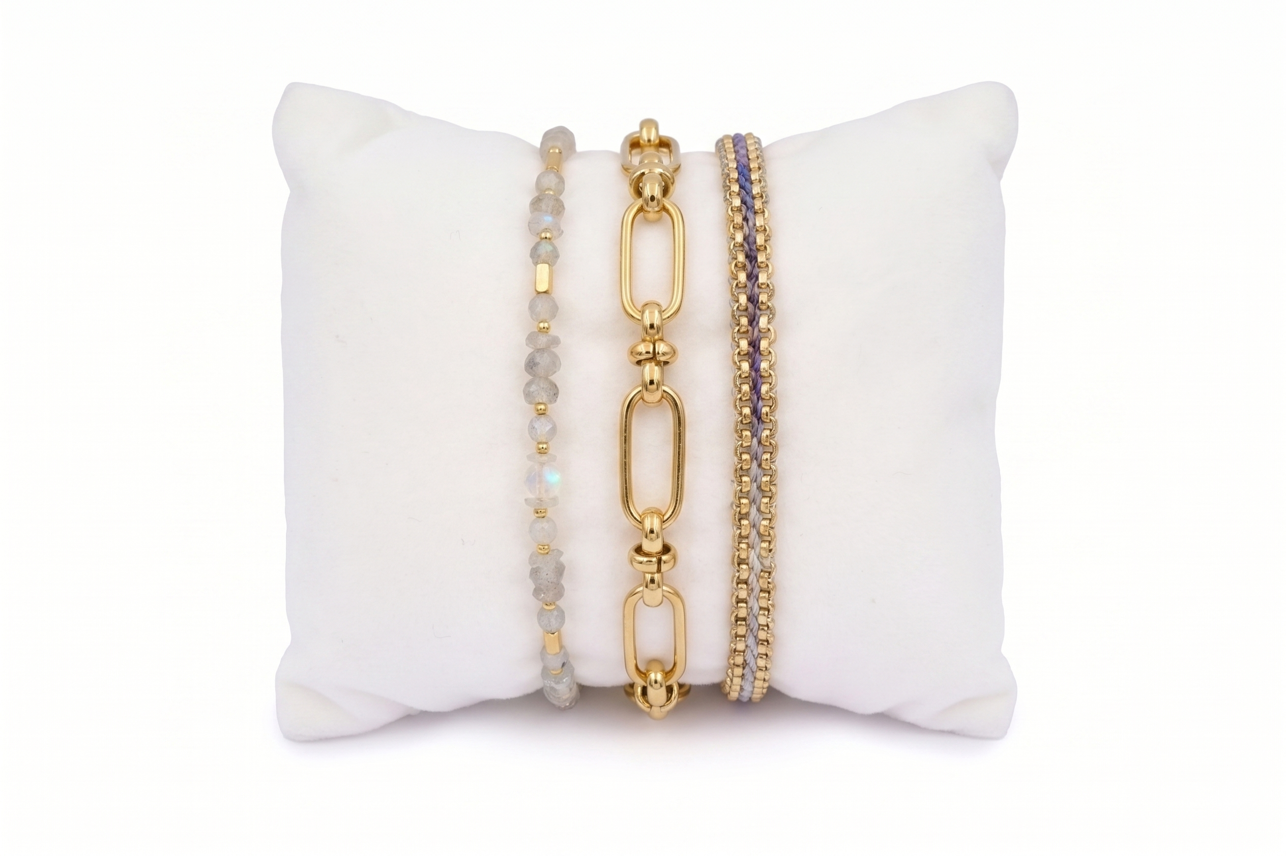 Mordazo labradorite and gold bracelet stack styled on wrist, iridescent stones, chunky gold chain and denim-blue braid for relaxed luxe.