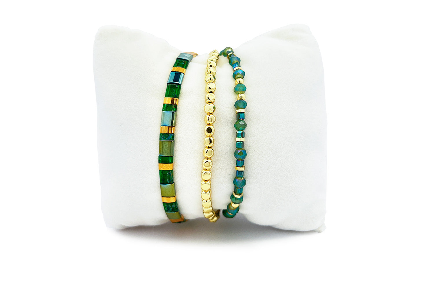 Mustique Gold & Green Beaded Bracelet Stack, green tila bracelet with gold nugget and green crystal strands