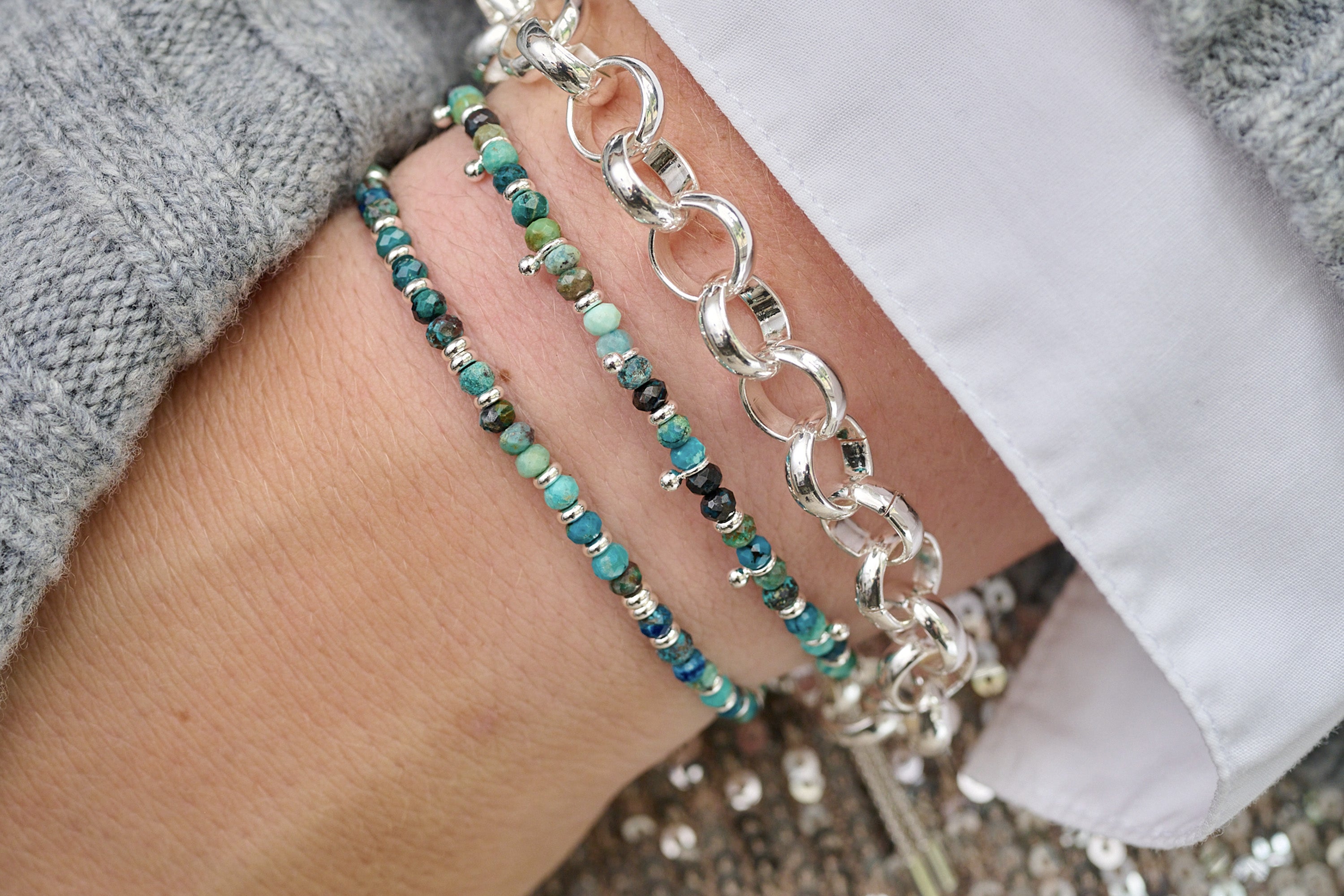Mystical Azurite Bracelet styled with silver jewellery for a grounding, empowering, and spiritually aligned everyday look.