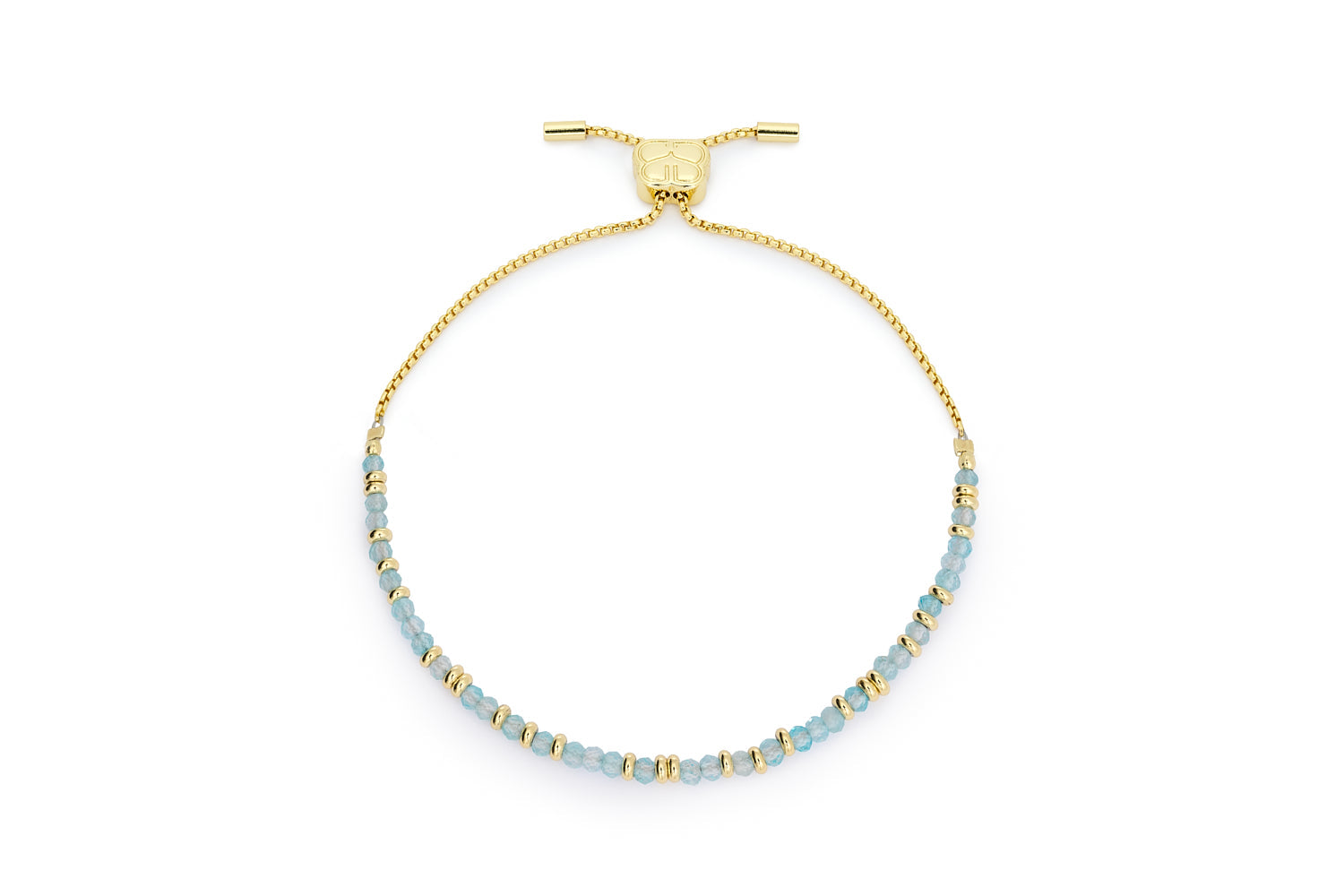 Mystical gold November birthstone bracelet with blue topaz gemstones and adjustable slider chain on white background