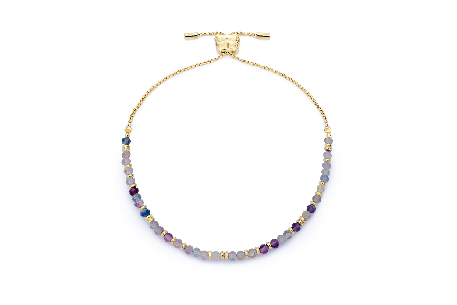 Mystical Gold & Rainbow Fluorite Slider Bracelet featuring soft lilac, blue, and violet fluorite gemstone beads, accented with 12k gold-plated details and an adjustable pull-tie slider fastening.